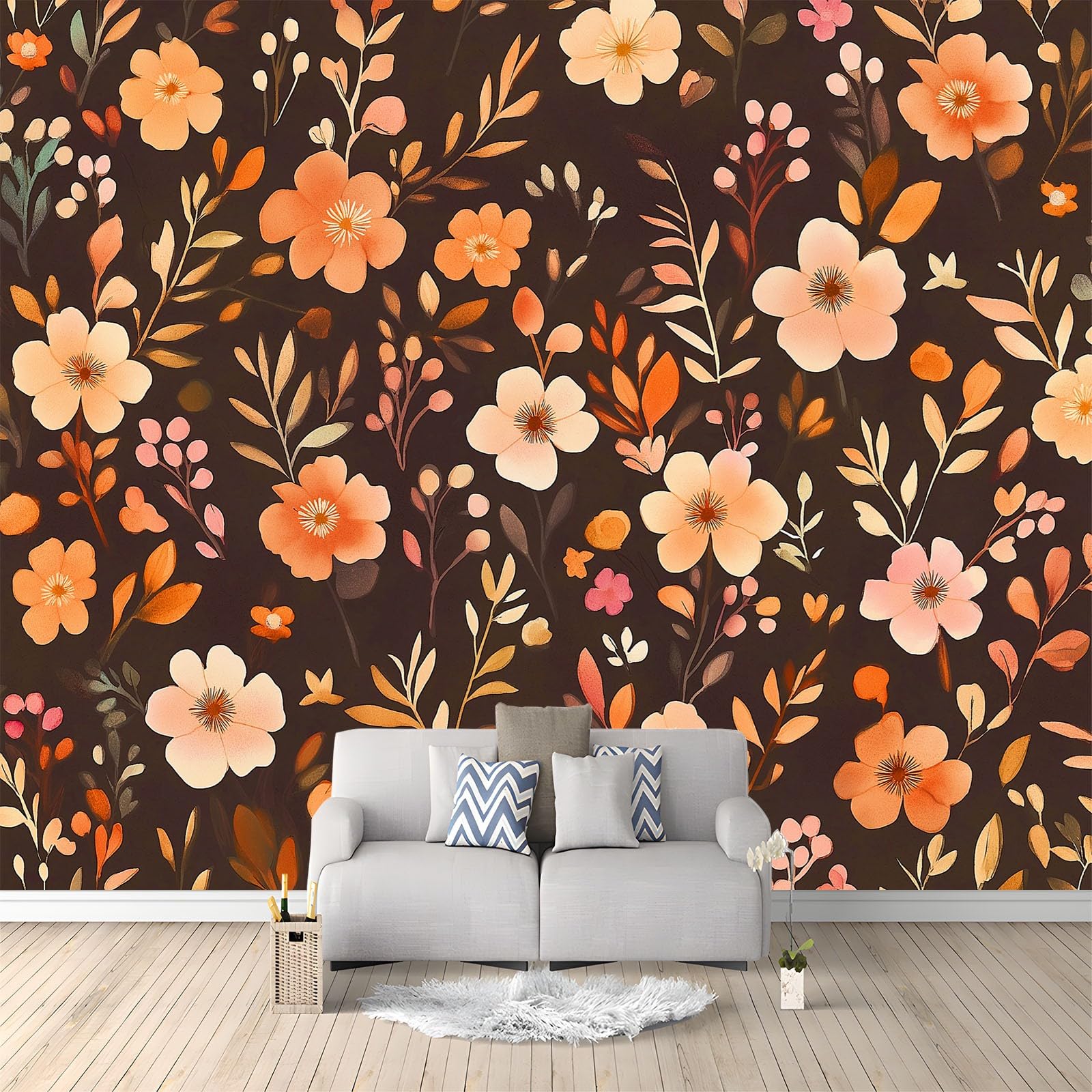 Générique 350 x 256 cm Panoramiczna tapeta Kwiaty Liście 3D Projekt ścienny, dekoracja ścienna do zdjęć, tapety z włókniny dekoracja ścienna salon sypialnia, beżowy