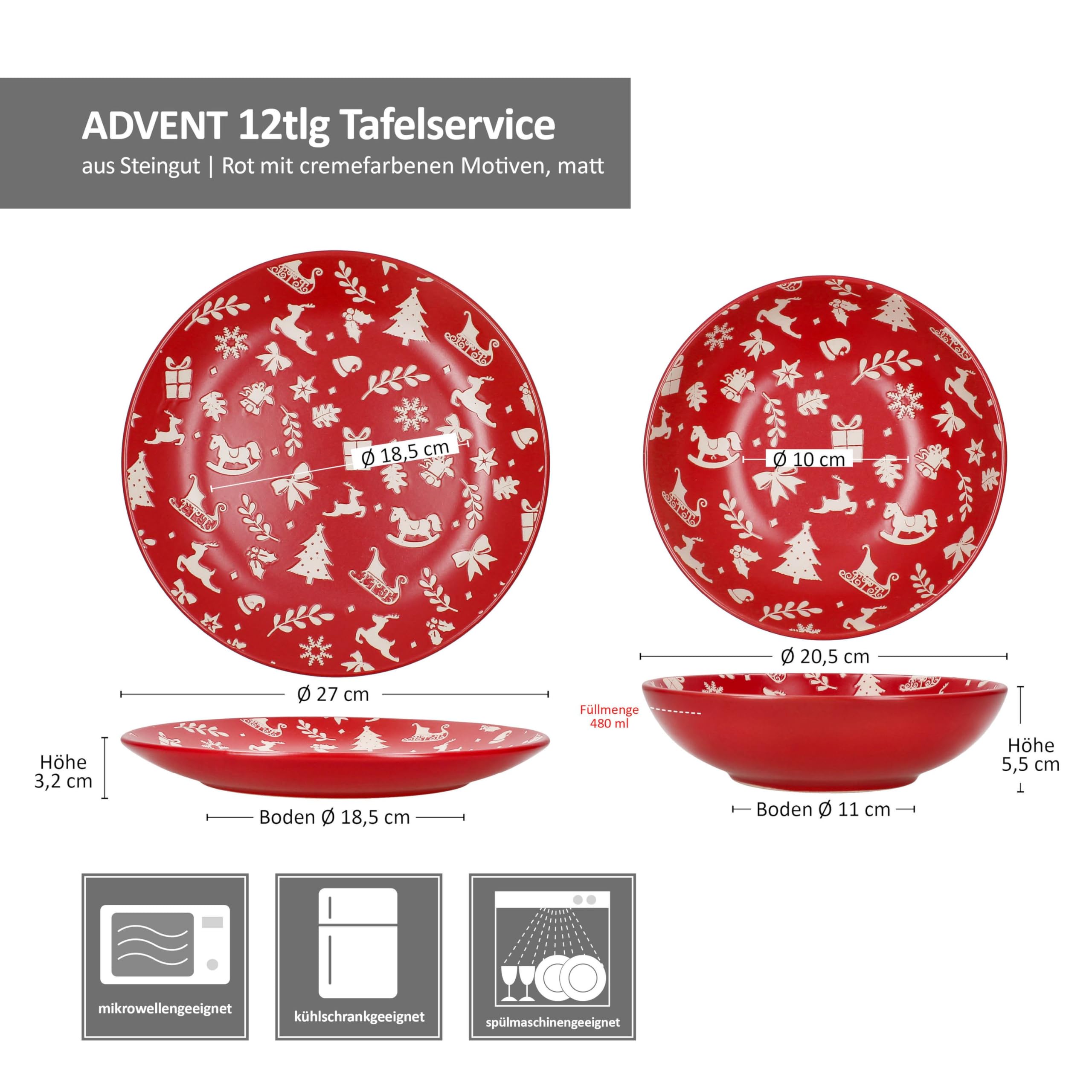 MamboCat Advent 12tlg Tafelservice I Steingut-Geschirr für 6 Personen in Rot mit Weihnachtsmotiven in Creme I winterliche 6X Speiseteller & 6X Suppenteller 480ml I Weihnachten