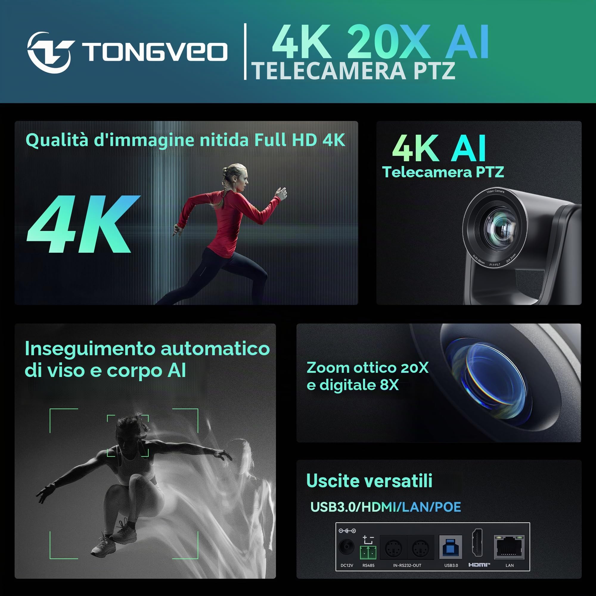 TONGVEO Telecamera PTZ 4K AI con auto-tracking e zoom ottico 20x, videocamera per conferenze con HDMI/USB3.0/LAN/PoE, ideale per servizi di benessere, riunioni zoom, live streaming ed istruzione