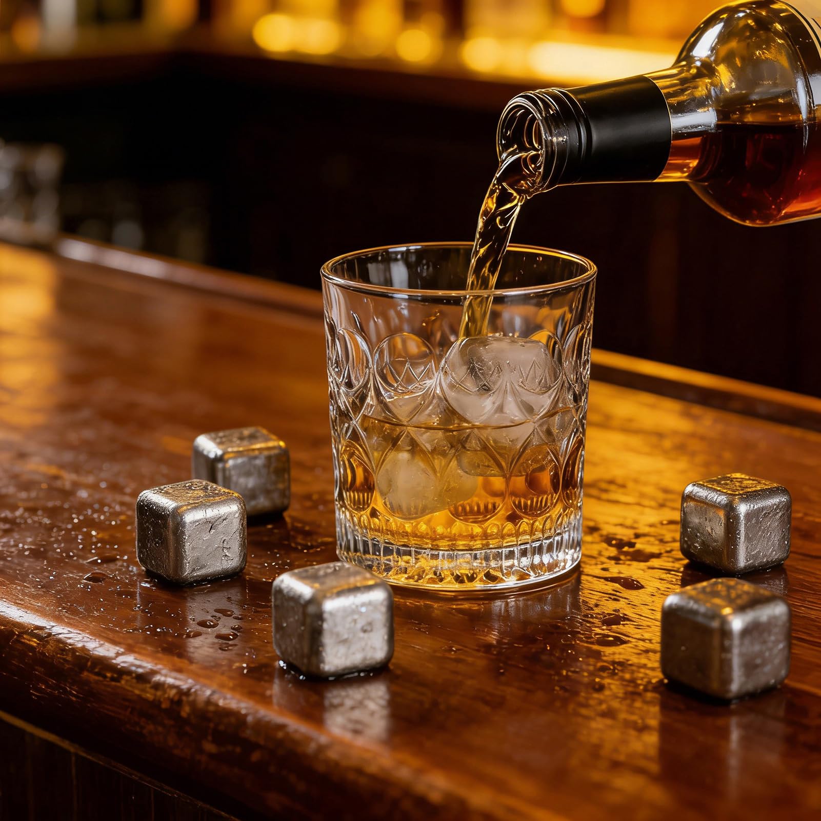 Luocute Paquet de 6 Glaçons Pure Ti, Cubes de Refroidissement en Métal Réutilisables Non Diluants pour Cocktails au Whisky, Pierres à Whisky en Métal avec Solution de Glycérine Scellée