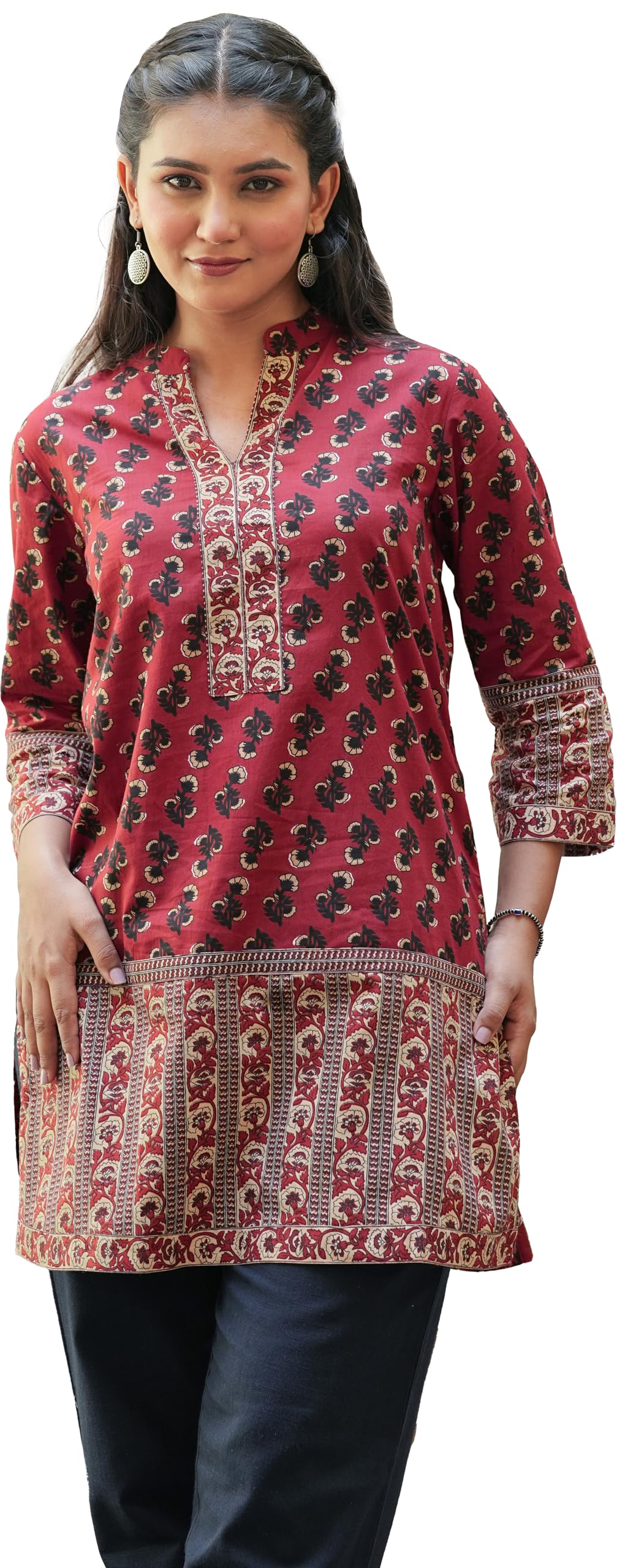 yash gallery Women's Maroon Cotton Floral Printed Mid Thigh Length 3/4th Sleeve Mandarin Collar Short Kurti-picture-32