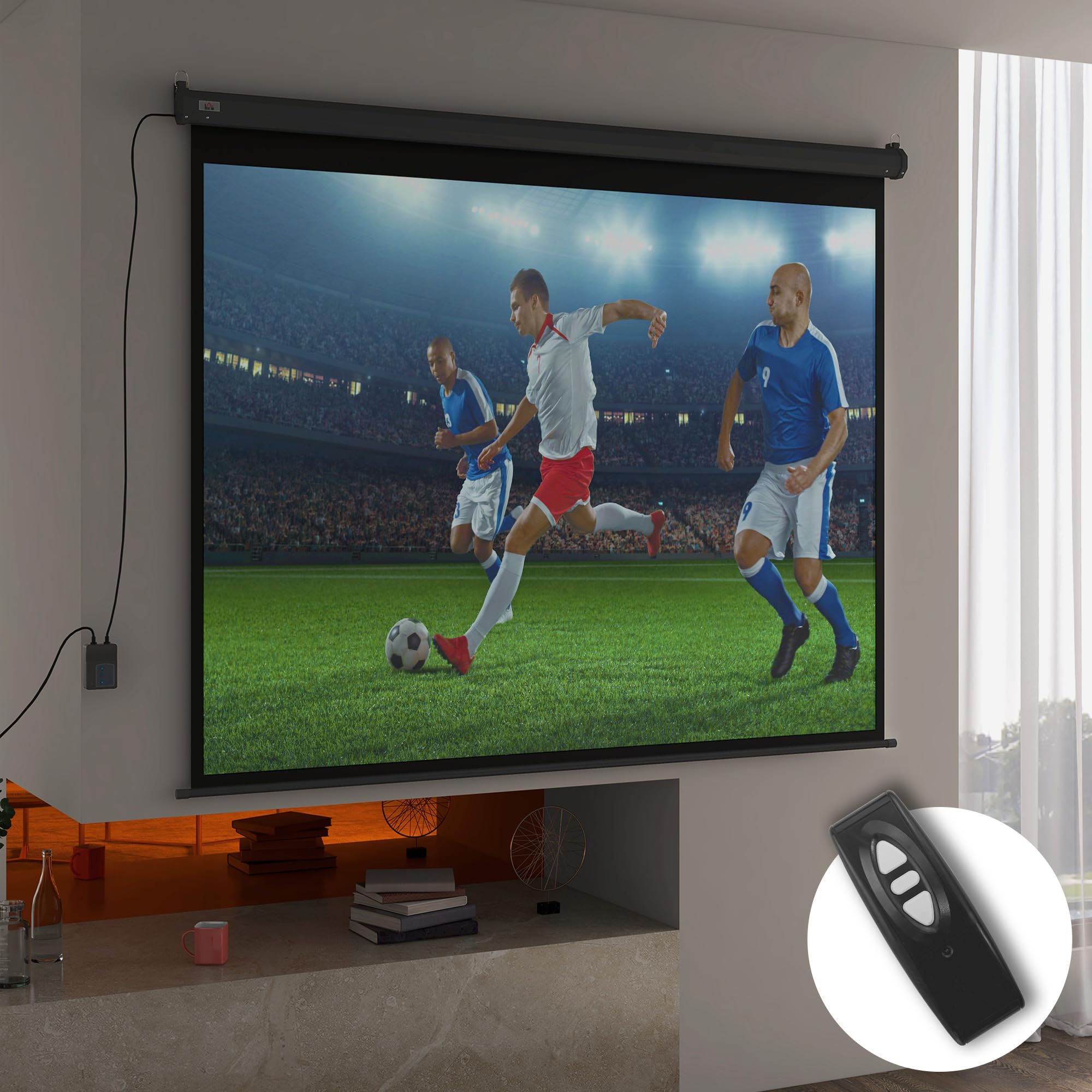 HOMCOM Telo Proiettore Motorizzato da 100 Pollici 4K HD Formato 4:3, Schermo Proiettore Motorizzato Elettrico Antirughe con Telecomando, Telo Videoproiettore per Casa, Cinema, Ufficio, Home, Nero
