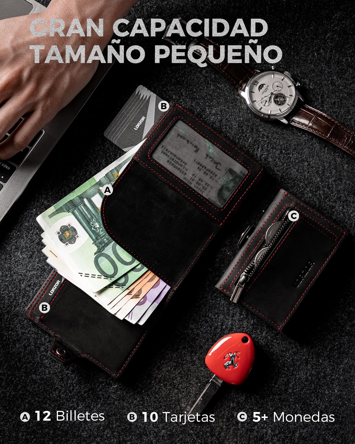 LORZOR Carteras para Hombre Pequeñas, Cartera Tarjetero Piel, Billeteras para Hombre con Bloqueo RFID, con Monedero & Compartimento para Billetes, Capacidad para 10 Tarjetas