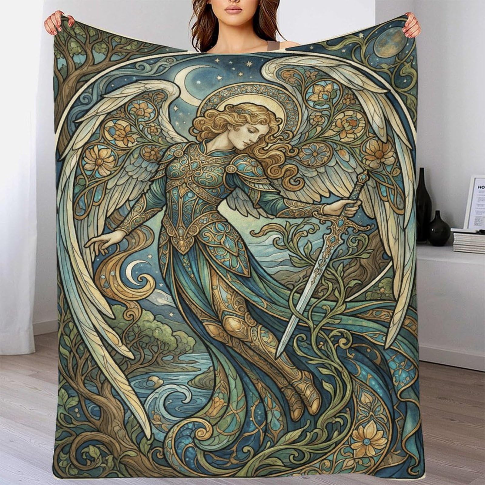 H3B8U2Y5 Art Nouveau Mucha Archangel Flannel Throw Blanket, Bedroom Nap Use