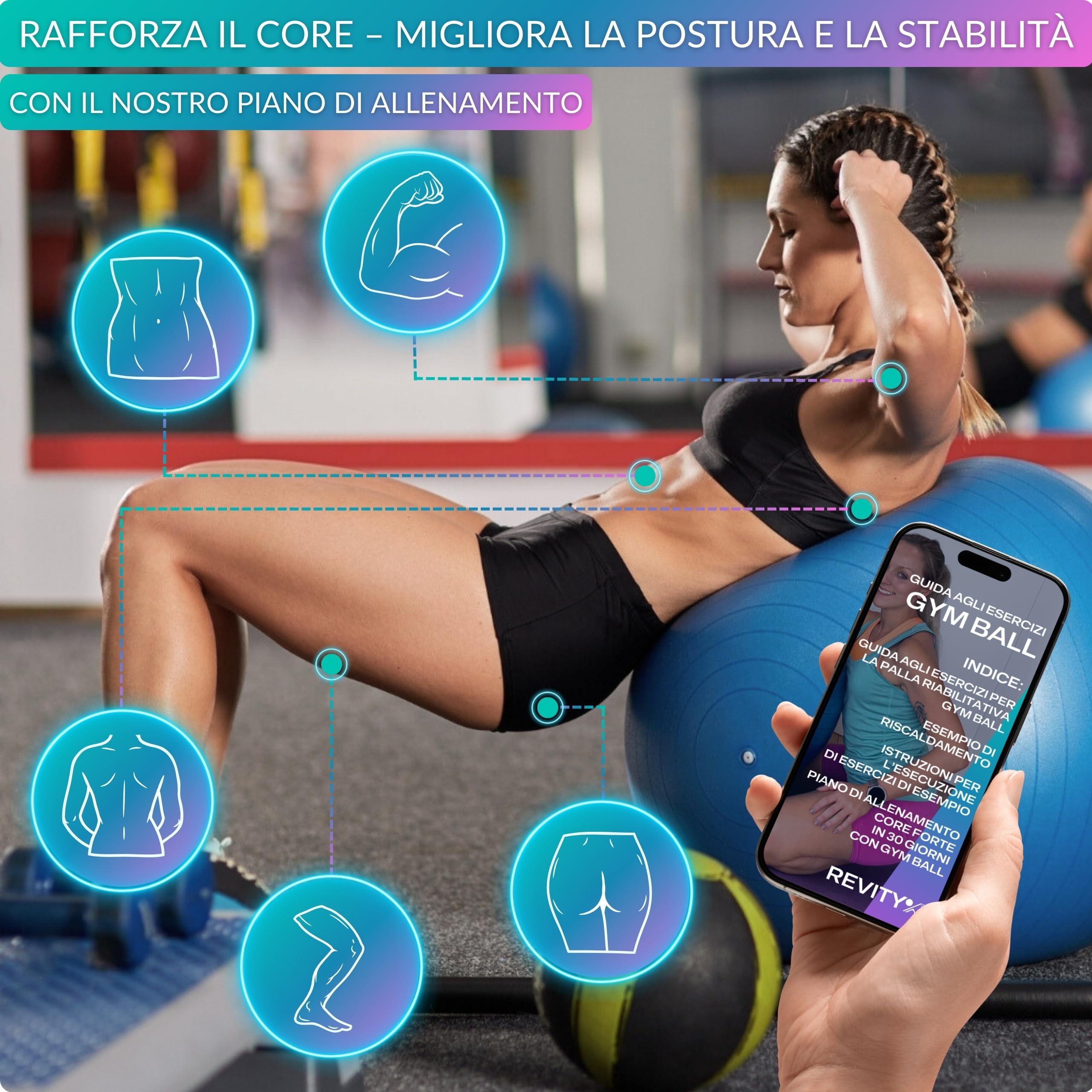 Palla Pilates 65 cm - Fitball Gravidanza Anti-Burst, Palla Pilates Grande per Esercizi e Yoga, Antistatica e Antiscivolo, 250 kg, con Pompa, 2 Valvole e Guida PDF di Allenamento