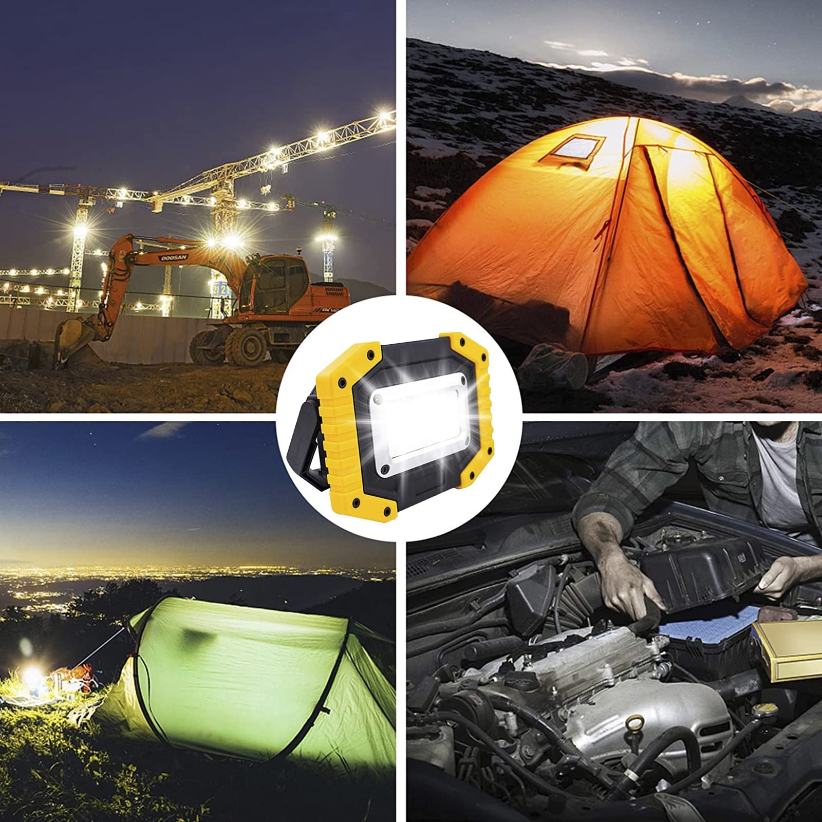 Faro Luce LED Ricaricabile 30W, Lampada da Lavoro da Portatile con USB, Lampada da Cantiere, 3 modalità, Luci da Lavoro Campeggio Impermeabile per Escursionismo Garage,Giallo,2 Pack
