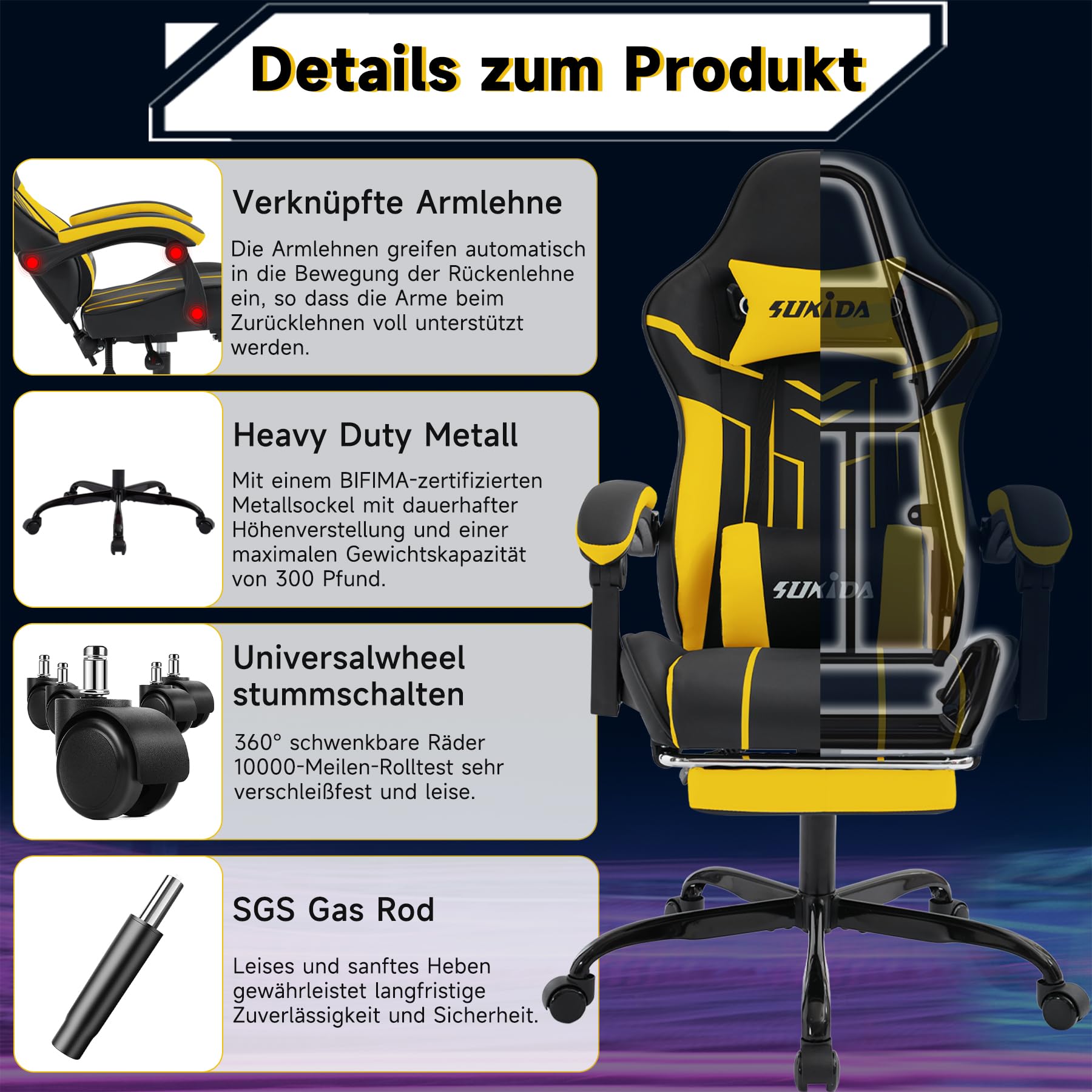 SUKIDA Gaming Stuhl Computerstuhl Ergonomischer Gaming Chair mit Fußstütze Bürostuhl Ergonomischer Computerstuhl mit Lendenwirbelstütze,BlackYellow
