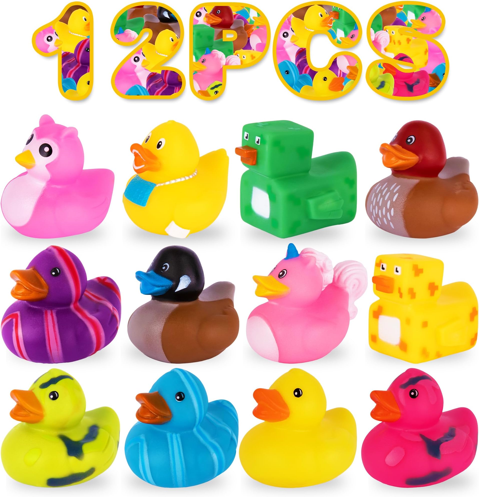 Jeep Ducks - 12 Rubber Ducks for Jeep Ducking, Fun Rubber Duckies in Bulk for Jeeps, Bathtub Toys, Carnival Prizes & Birthday Party Favors for Kids, 17 Unique Designs