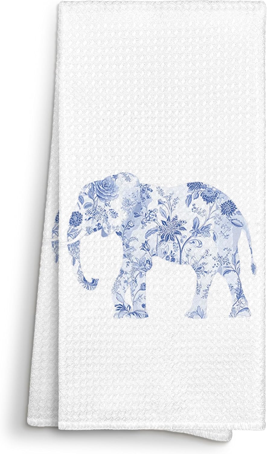 Chinoiserie Elephant Kitchen Towels Gifts Decorative, Elephant Gifts for Women Dish Cloths Tea Towel, Blue and White Grandmillennial Bathroom Kitchen Dishcloths Hand Towel Decor 16x24