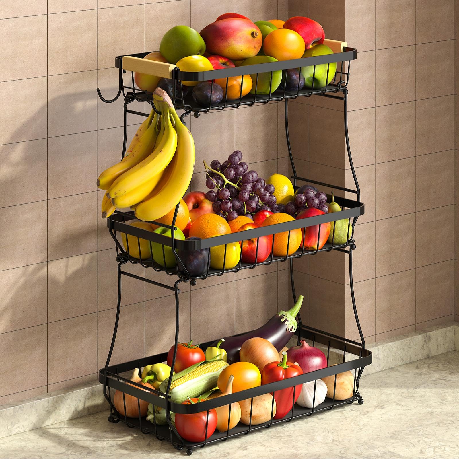 Sevenblue 3-Tier Sturdy Fruit Bowl with Banana Hangers, Black