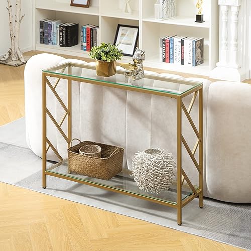 Miniatura 8 de SICOTAS Mesa consola dorada mesa de sofá estrecha de 417 pulgadas de largo marco dorado con estante de cristal de 2 niveles mesa de pasillo mesa