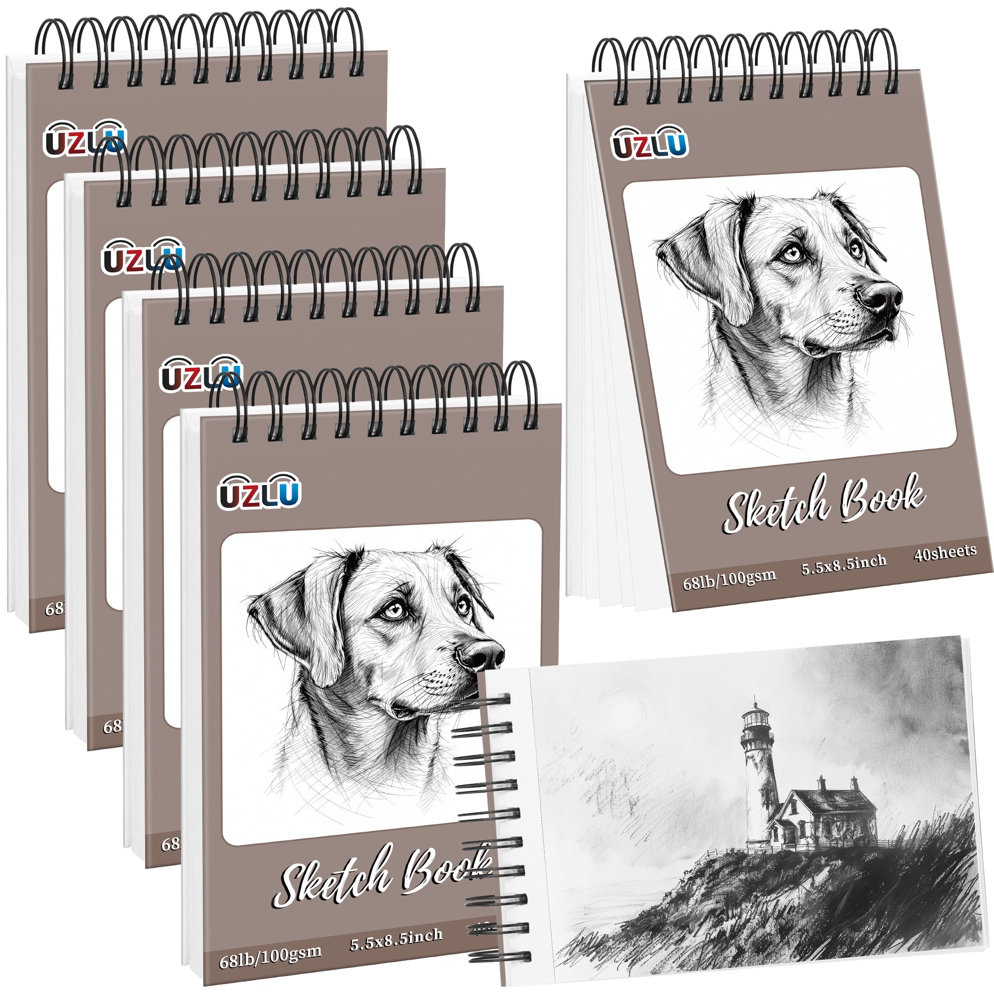 UZLU 5 Pcs Sketch Books Bulk 5.5 x 8.5 in 200 Sheets Top Spiral Bound Sketch Pad Drawing…