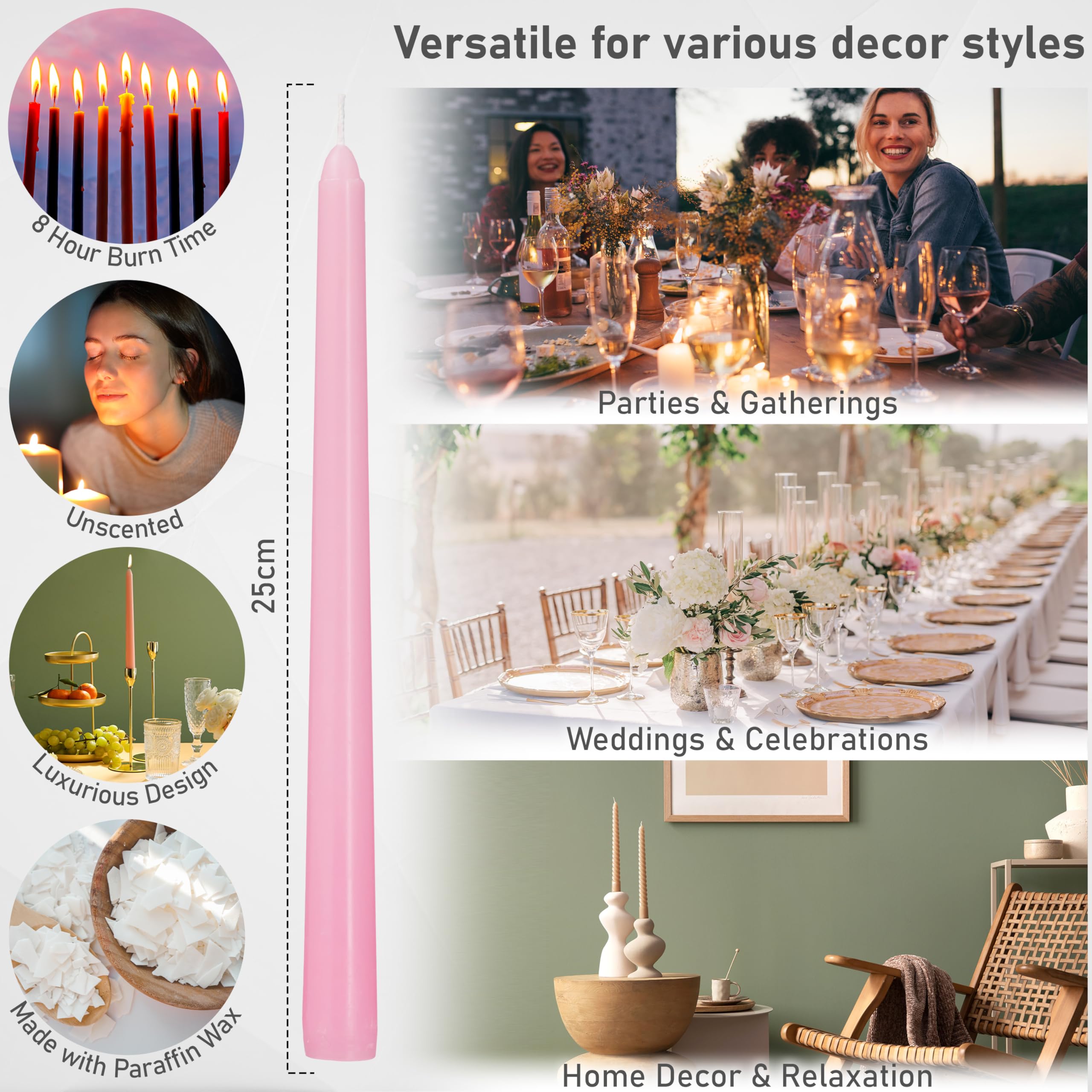 DECO EXPRESS Candles Set Classic Dripless Tapered Metallic Unscented 8H Burning Time, Decorative Dinner Candles for Restaurant Home Christmas (Baby Pink, 15 Pack) - Image 2