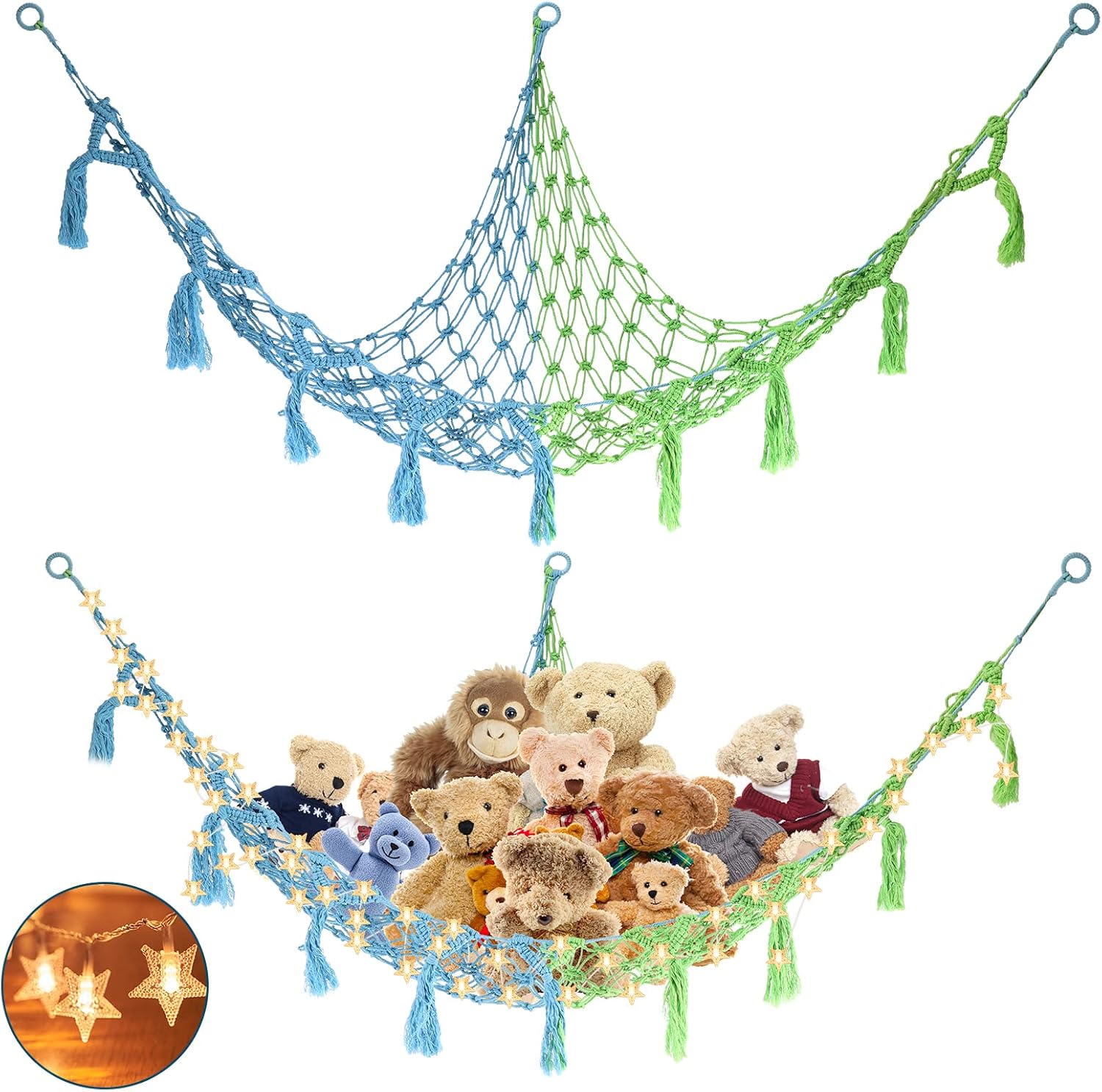 Plush Toy Teddy Hammock with Light, Editbar Plush Toy Storage Net, Boho