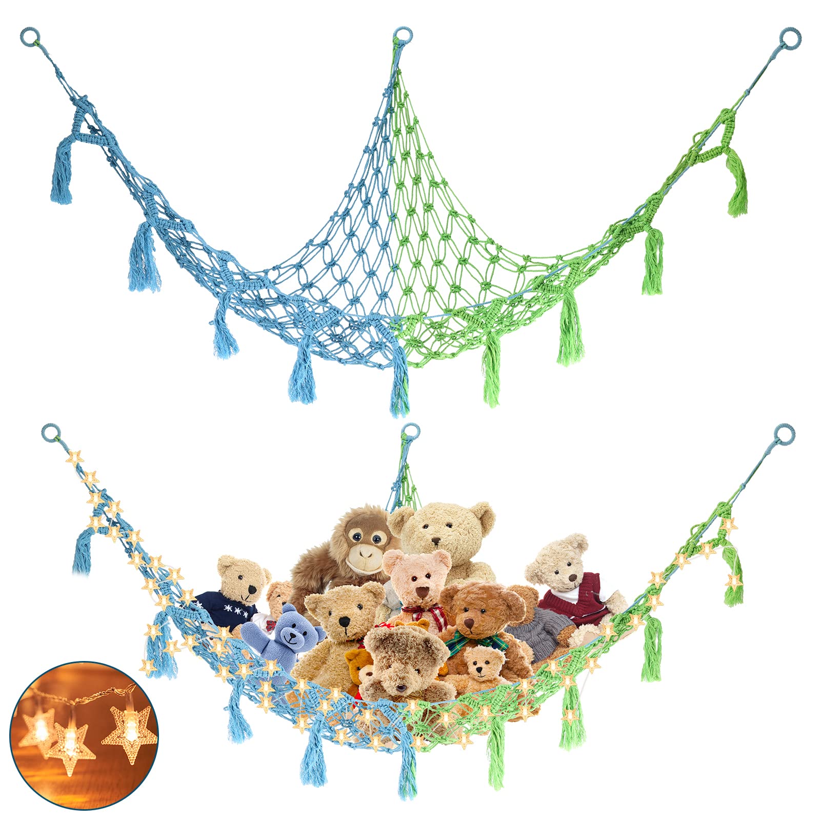 Editbar Plush Toy Storage Net, Toy Hammock For Stuffed Animals Storage, Teddy Bear Storage Hammock With Light, Large Toy Storage Net Fits 30+ Teddy, for Storage Toys Bedroom Kids Room (Blue&Green)