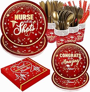2023 Nurse Graduation Plates and Napkins Set Party Supplies Decorations, 192 Pcs Disposable Congrats Grad Paper Tableware Serves 24, Include Plates, Napkins, Cup, Knives, Forks, Spoons, and Straws
