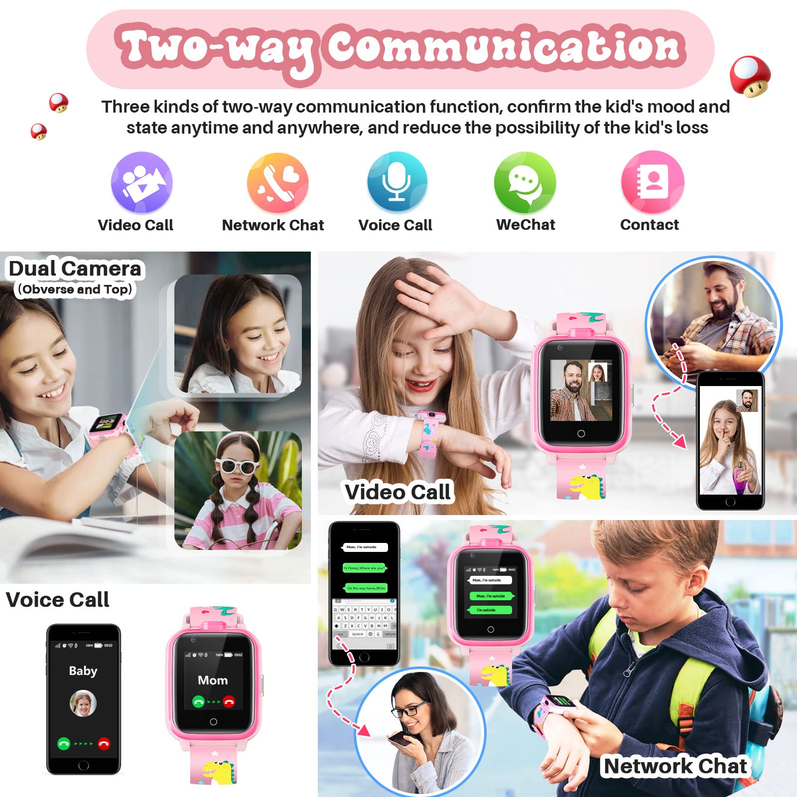 Inteligentny Zegarek dla Dzieci, LiveGo 4G Secure Dual Camera Smart Watch, GPS Tracker SOS Call dla Dzieci Studenci w Wieku 4-12 lat Prezenty Urodzinowe Dzień Szkolny(T13 różowy)