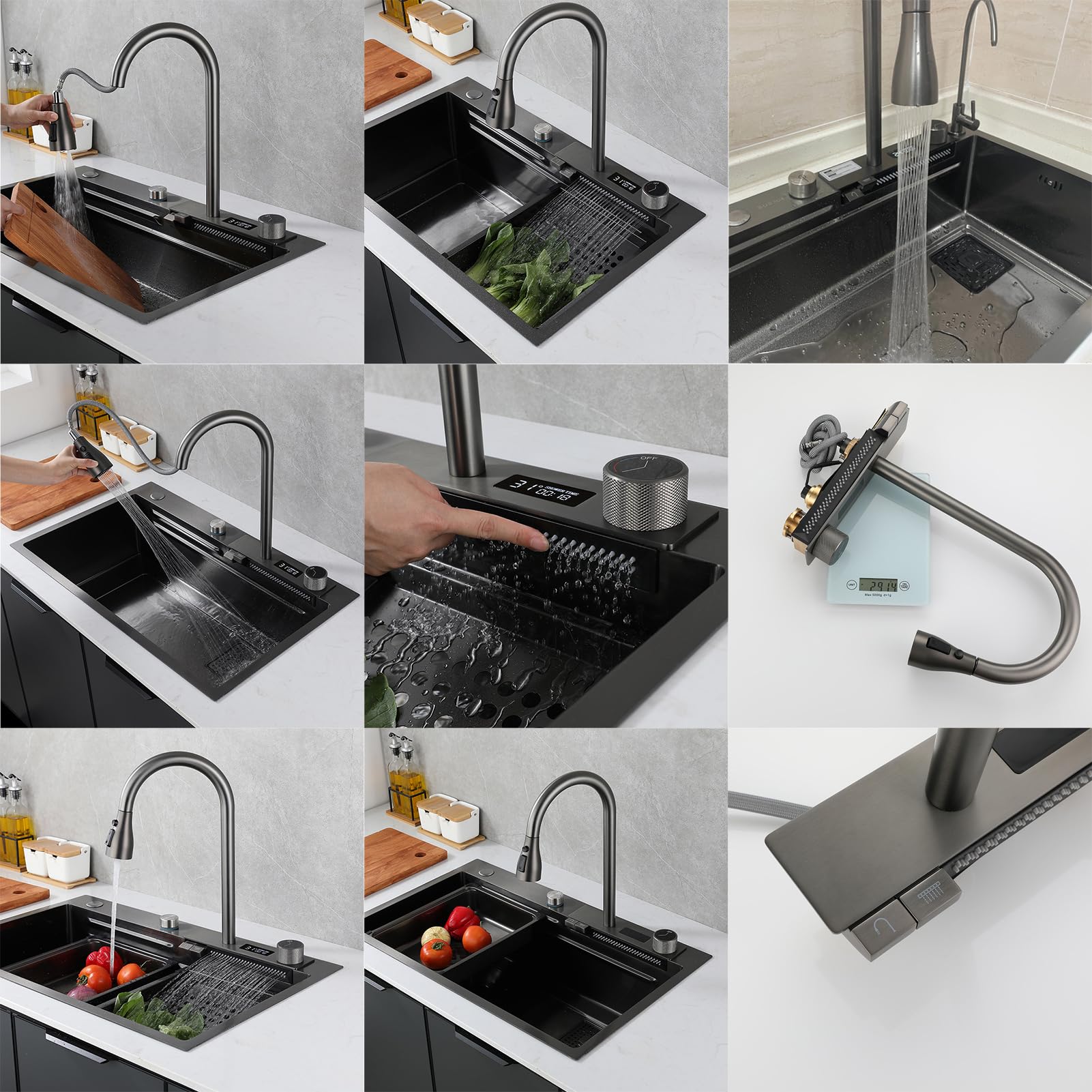 Fregadero de Cocina Moderno de un Solo Seno de Acero Inoxidable 304 Negro para instalación bajo encimera, con Grifo Tipo Cascada y Accesorios.