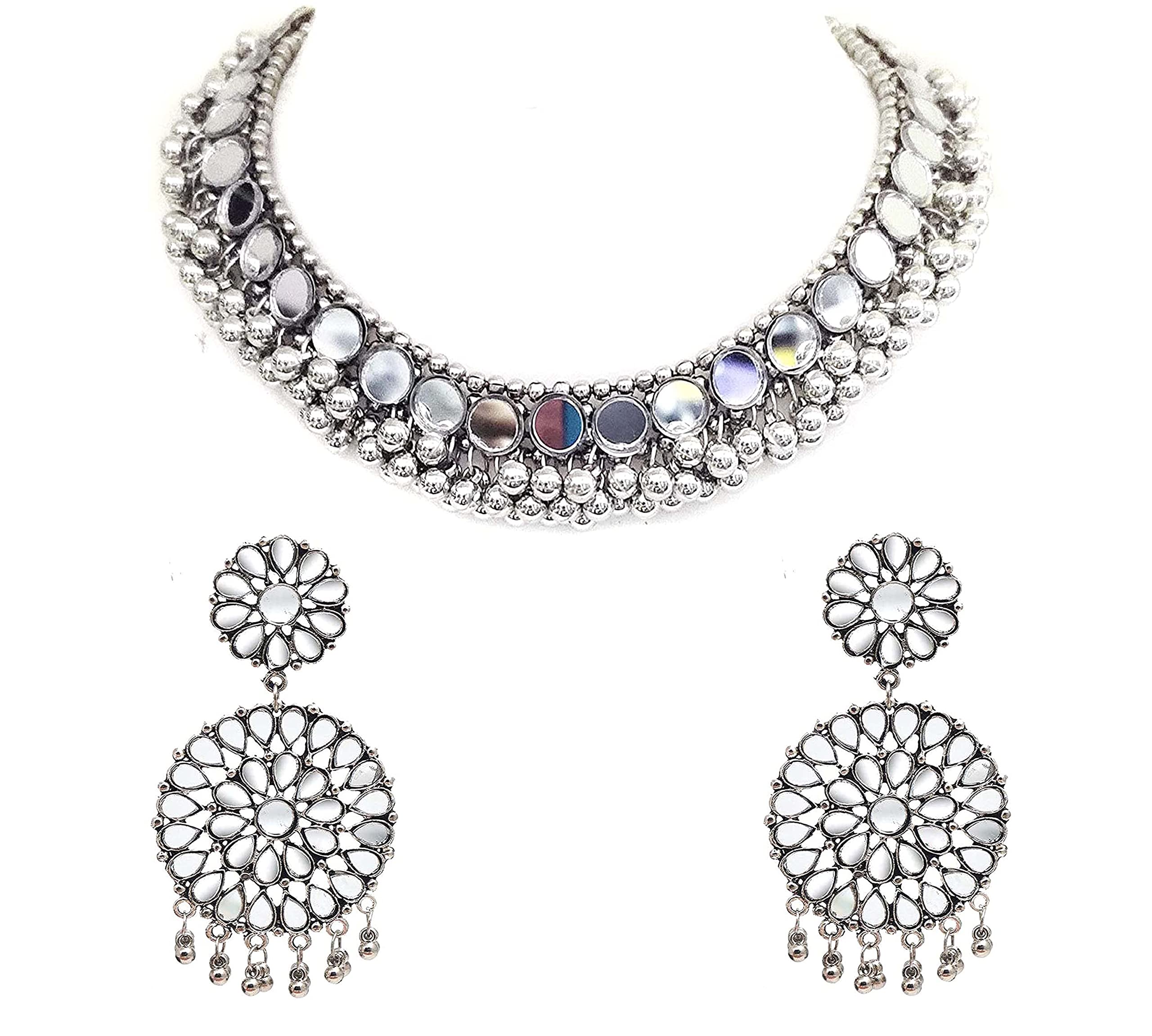Total Fashion Latest Stylish Boho Trible Silver Oxidised Mirror Choker Necklace Jewellery Set Women for Girls (B09RWVQK19) Amazon Price History, Amazon Price Tracker