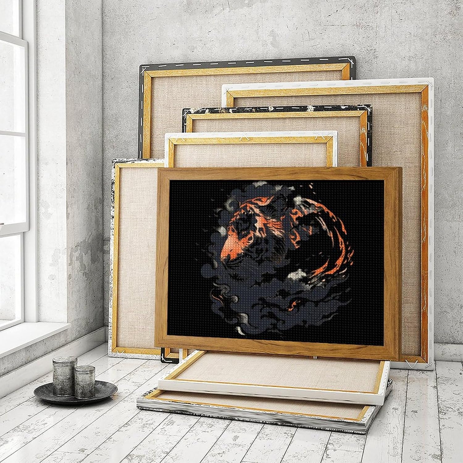 Japanese Tiger Clouds Printed Diamond 5D Painting Kits DIY Full Drill Crafts for Home Wall Decor 16x20 Inch Yellow Wood 50 * 40cm