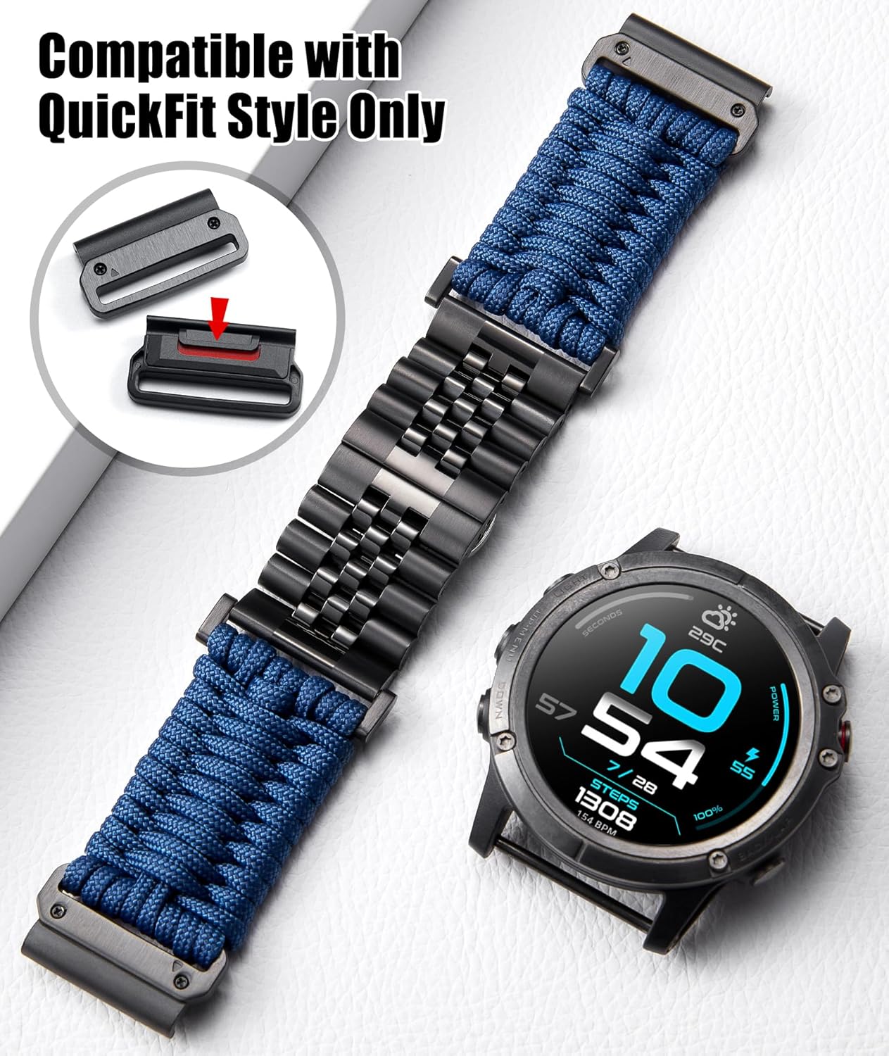 BINLUN Compatible with Garmin Watch Band 22mm 26mm Braided 550 Paracord Stainless Steel Sport Strap Fit for Quickfit Fit for Fenix Fit for Forerunner Fit for Approach Fit for MARQ Fit for Quatix - Image 2