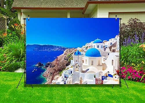 Miniatura 4 de CORFOTO Telón de fondo de tela de 20 x 10 pies para fotos de Grecia, Isla Santorini, Oia, Village, fondo de fotografía de Grecia para fiesta