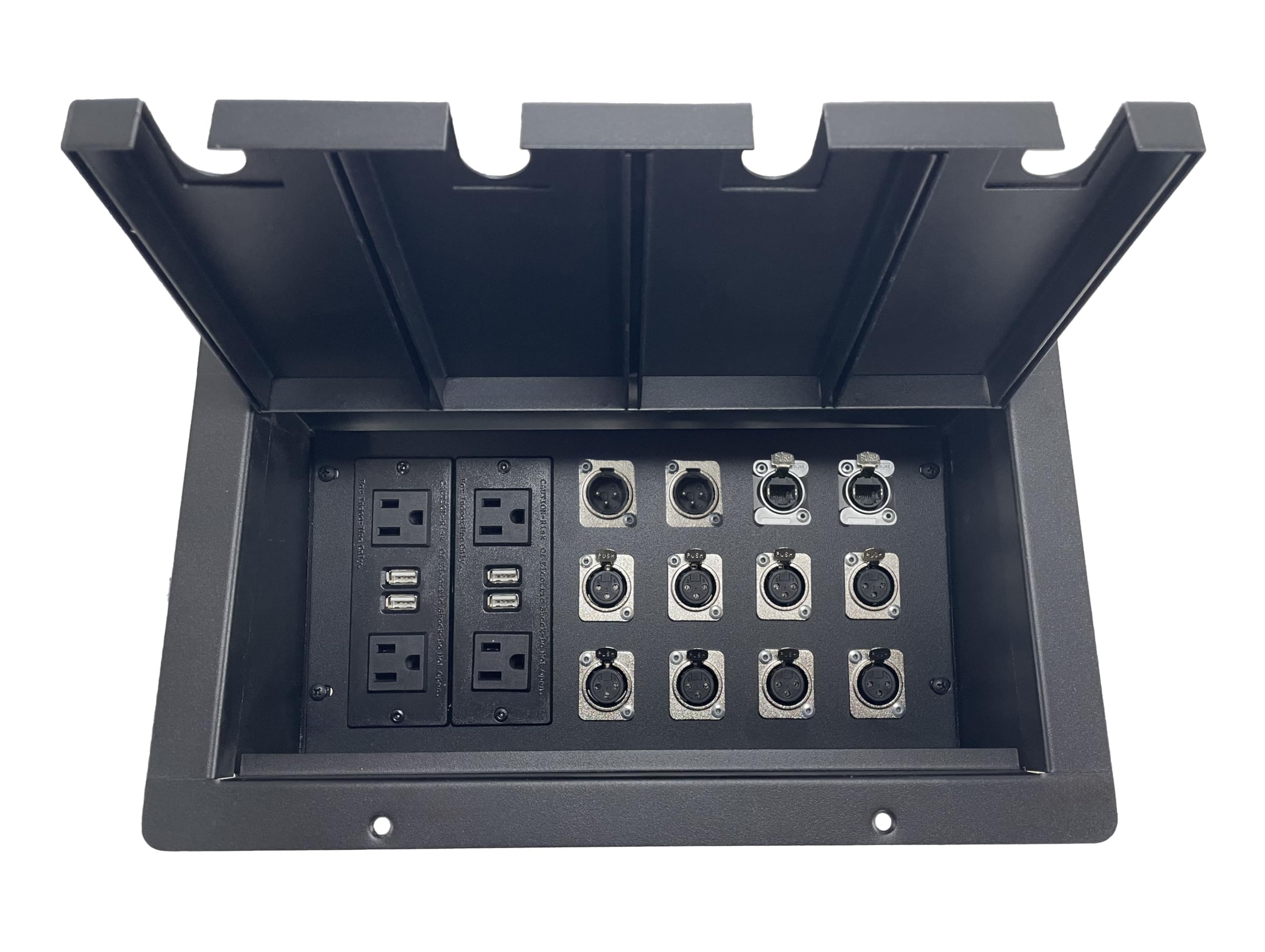 ProSpeakerparts PROCRAFT JUMBO 4 HOLE LID FEED-THRU RECESSED Stage Pocket/Floor Box w/ 2 WIRED AC 8 XLR Female 2 XLR Male 2 RJ45