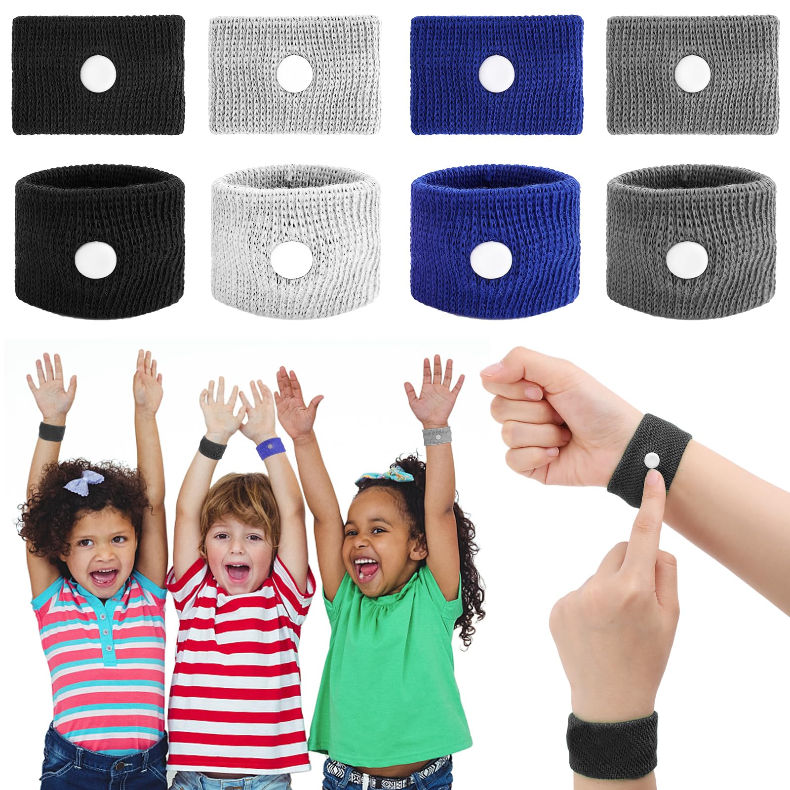 Abeillo 4 Pairs of Acupressure Bracelets, Anti Nausea Bracelets, Acupressure Bracelets for Pregnancy Nausea, Seasickness, Travel Sickness for Children Adults - Black, Grey, Blue, White