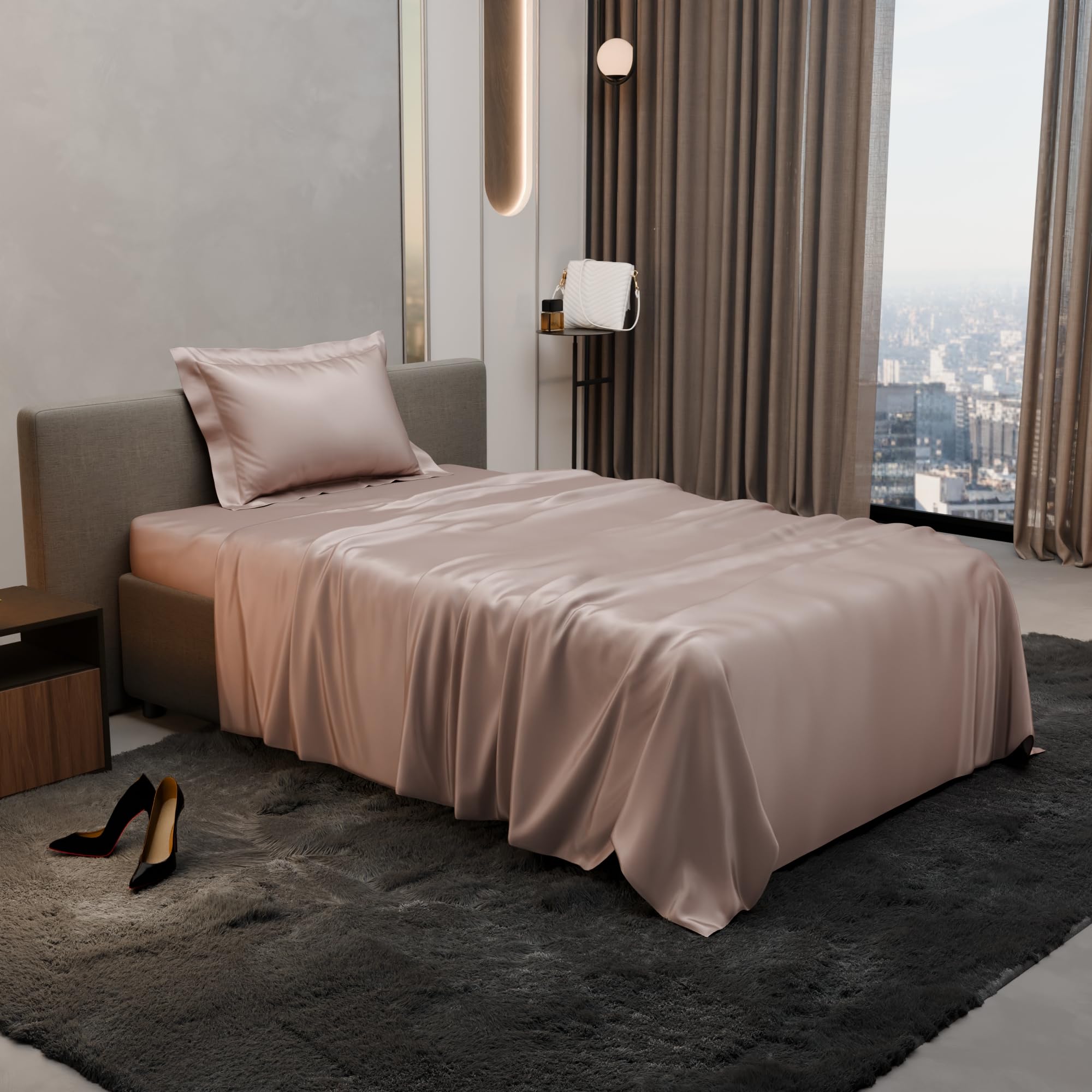 Stoa Paris Single Bedsheet with 1 Pillow Cover, 300TC Satin Premium Bedding Set, Home Decor, Wedding Gift for Couples, Housewarming, Anniversary, Date Night - Champagne