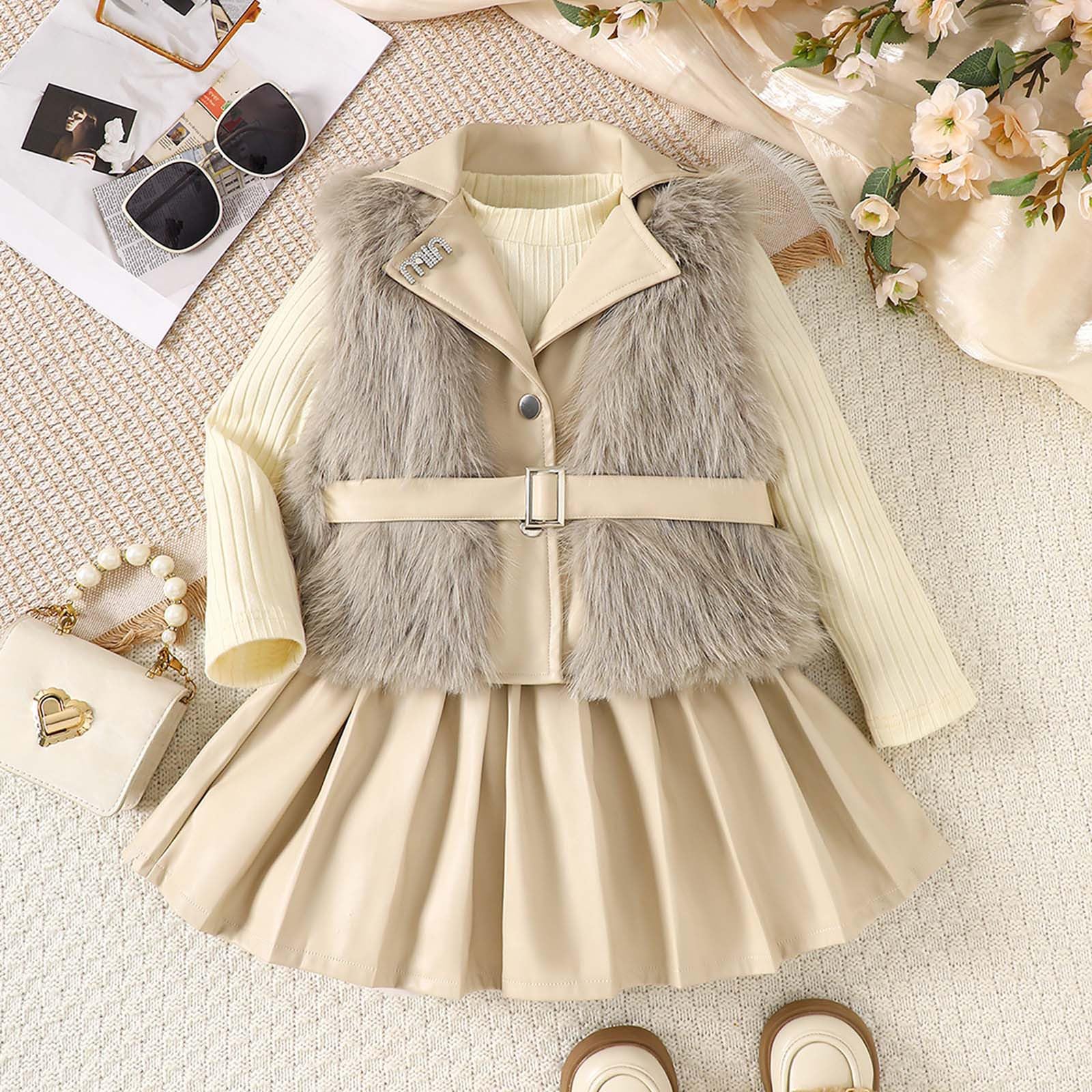 Gilet in Pile alla Moda e Top a Maniche Lunghe con Gonna a Pieghe per ragazze177