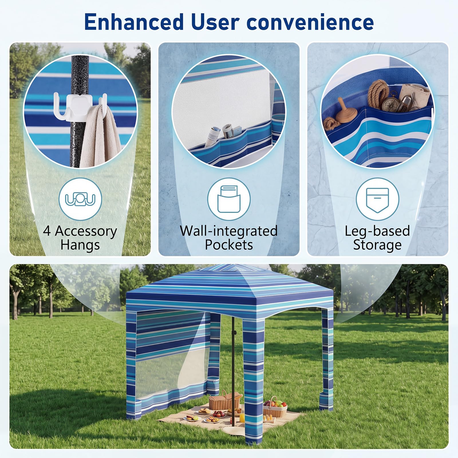 SOARS Tenda da Spiaggia Portatile con Parete Rimovibile 185x185 cm | Tenda da Mare Regolabile in Altezza, Parasole con Tasche Portaoggetti e Borsa da Trasporto, per Campeggio e Picnic