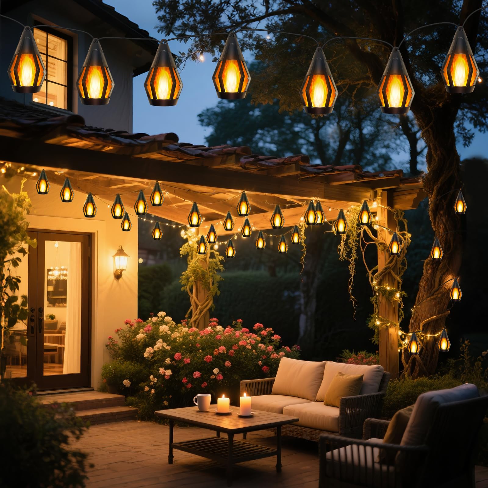 Guirnalda de luces solares de 21 pies para exteriores, impermeables, funciona con energía solar, luces de patio con 10 bombillas de llama parpadeante, farol colgante, cadena de luces para