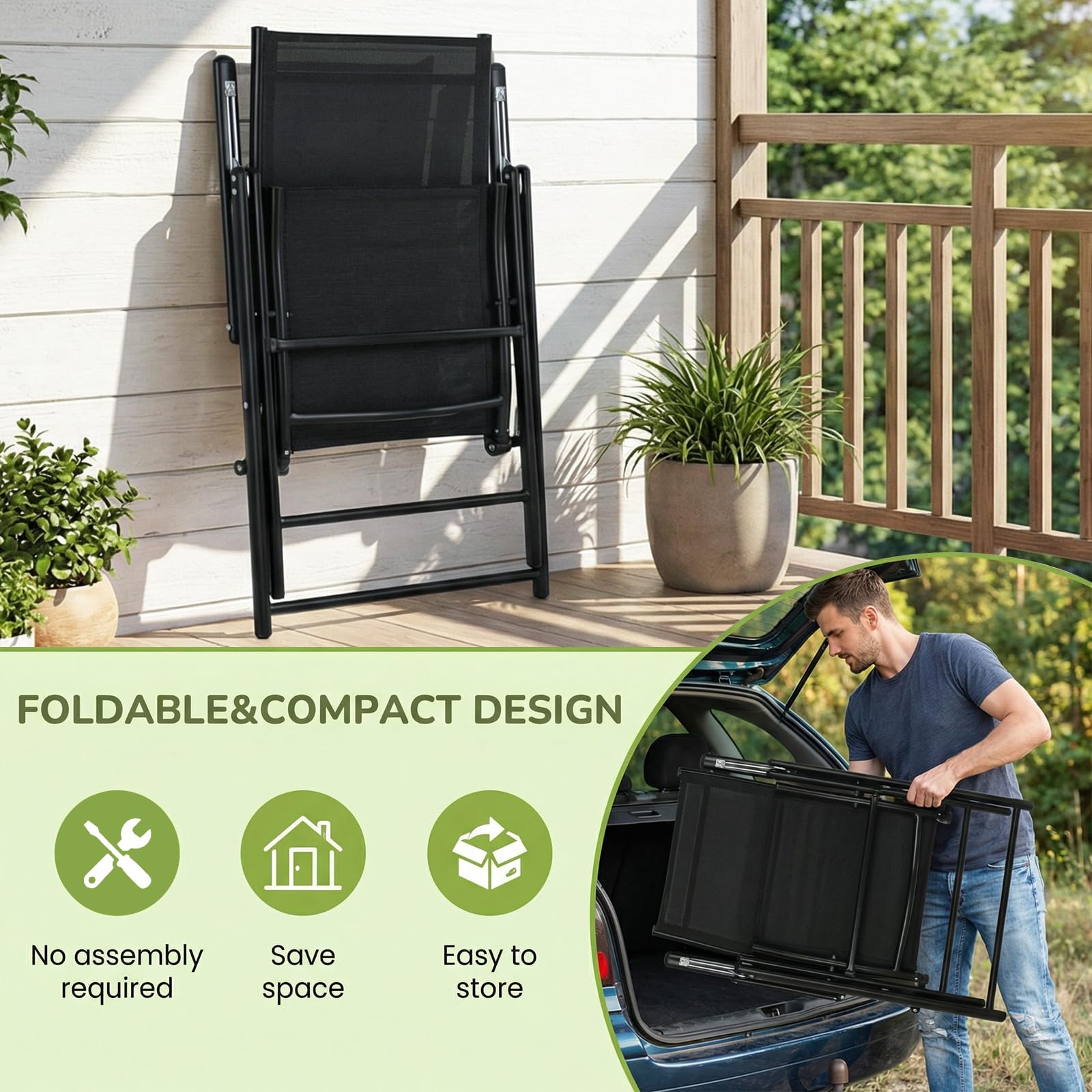 LIFERUN 3-teilig Gartenmöbel Set, Balkonmöbel & Sitzgruppe Outdoor, Schwarz | mit 2 Verstellbare Hochlehner Klappstühle und 110x70cm WPC Wetterfest Rechteckiger Terrassentisch