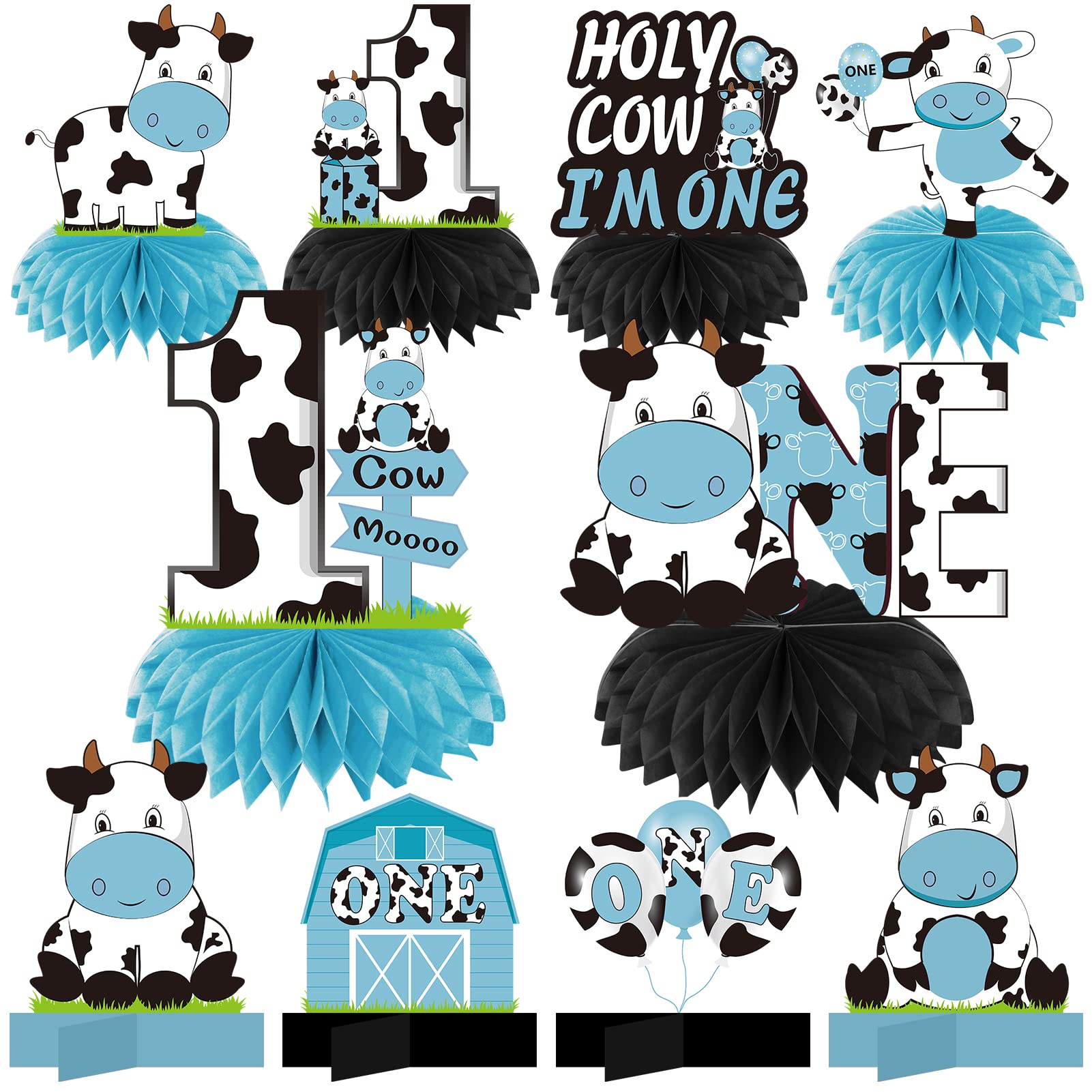 Holy Cow Im One Birthday Table Centerpiece Decorations for Boys, Blue Cow First Birthday Honeycomb Centerpiece Party Supplies, Baby 1st Birthday Cow Themed Table Toppers Sign Decor