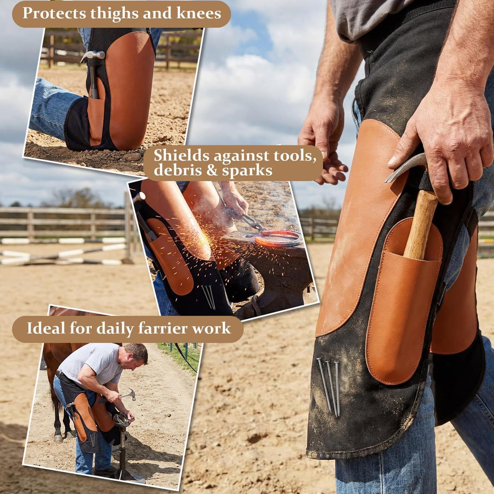 Tablier de maréchal-forgeron - Tablier de avec protection des genoux - Bandoulière réglable en cuir synthétique - Pour hommes, femmes, agriculture, travail