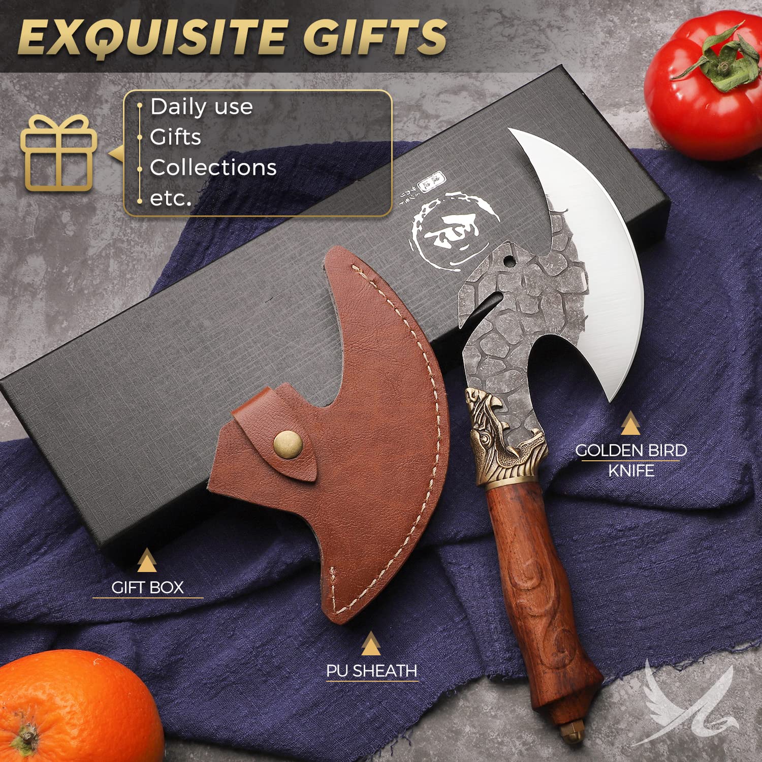 Golden Bird Cuchillo de deshuesar forjado a mano con funda de PU para BBQ Camping