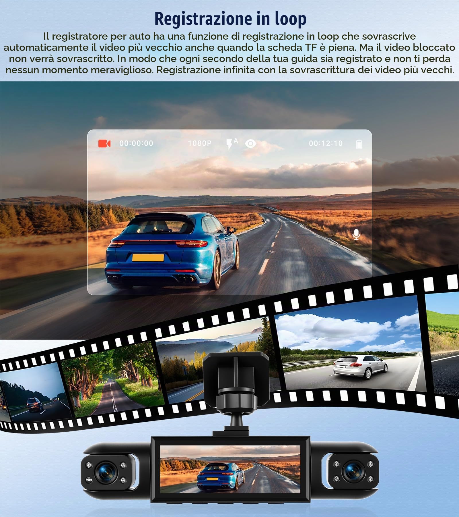 Telecamera per auto dash cam da 3,16 pollici 1080P, visione a 360° con 3 telecamere - monitoraggio del parcheggio con rilevamento del movimento e visione notturna
