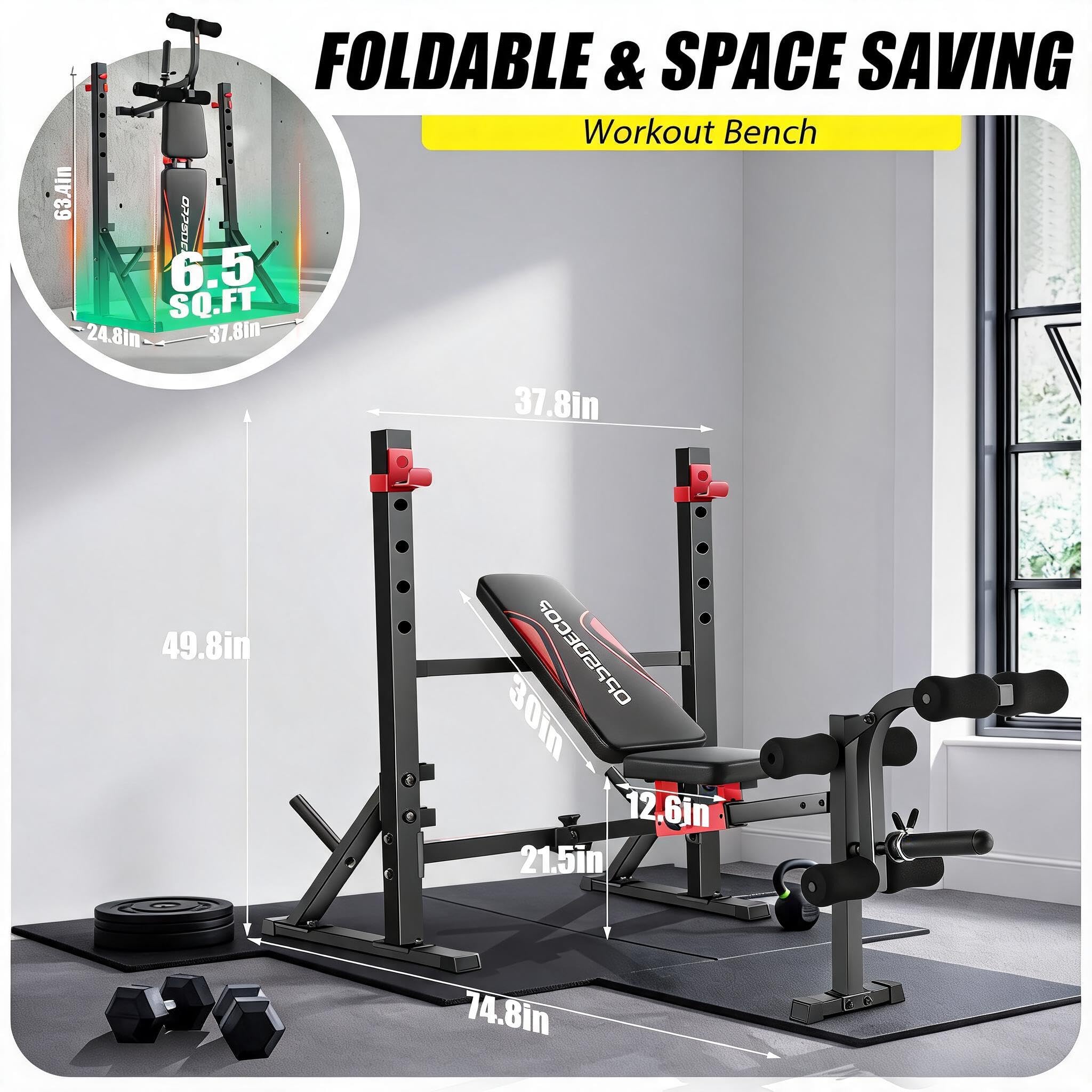 OPPSDECOR Adjustable Olympic Weight Bench with Rack & Leg Curl Sliding Seat | Fits Up to 6'4" 900LBS Heavy Duty Foldable Bench Press Set for Home Gym Flat Incline Decline Workout Bench for Tall People