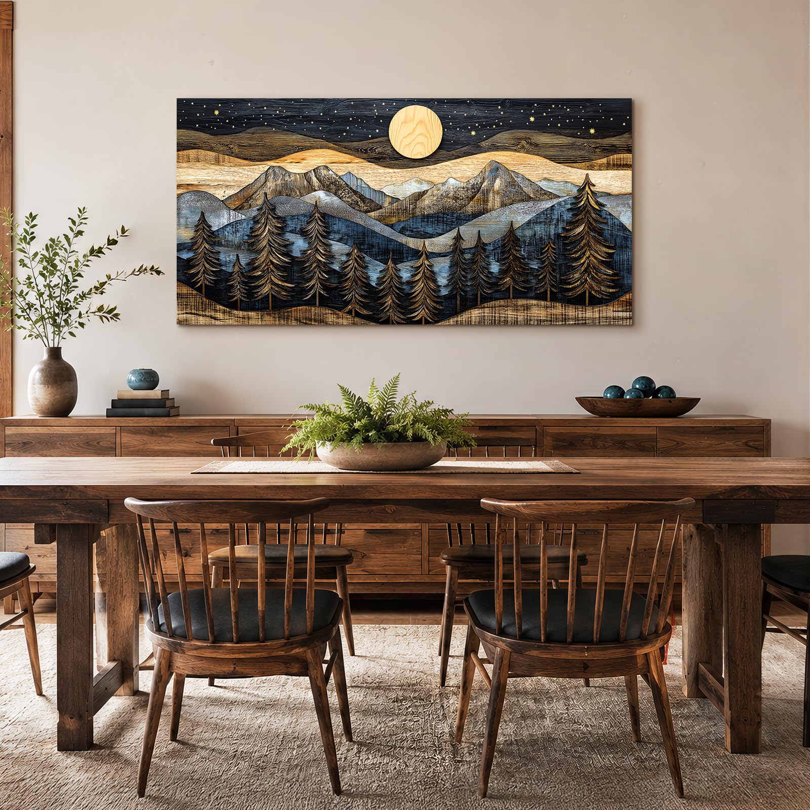 hyidecorart Modern Bilder Wohnzimmer Wald Berge Aesthetic Gemälde 73x146 cm | Feine Muster, Kunst, HD-Druck, Große Formate, Einfach Aufzuhängen, Schnellinstallation, Ruhige Wanddeko, Geschenk
