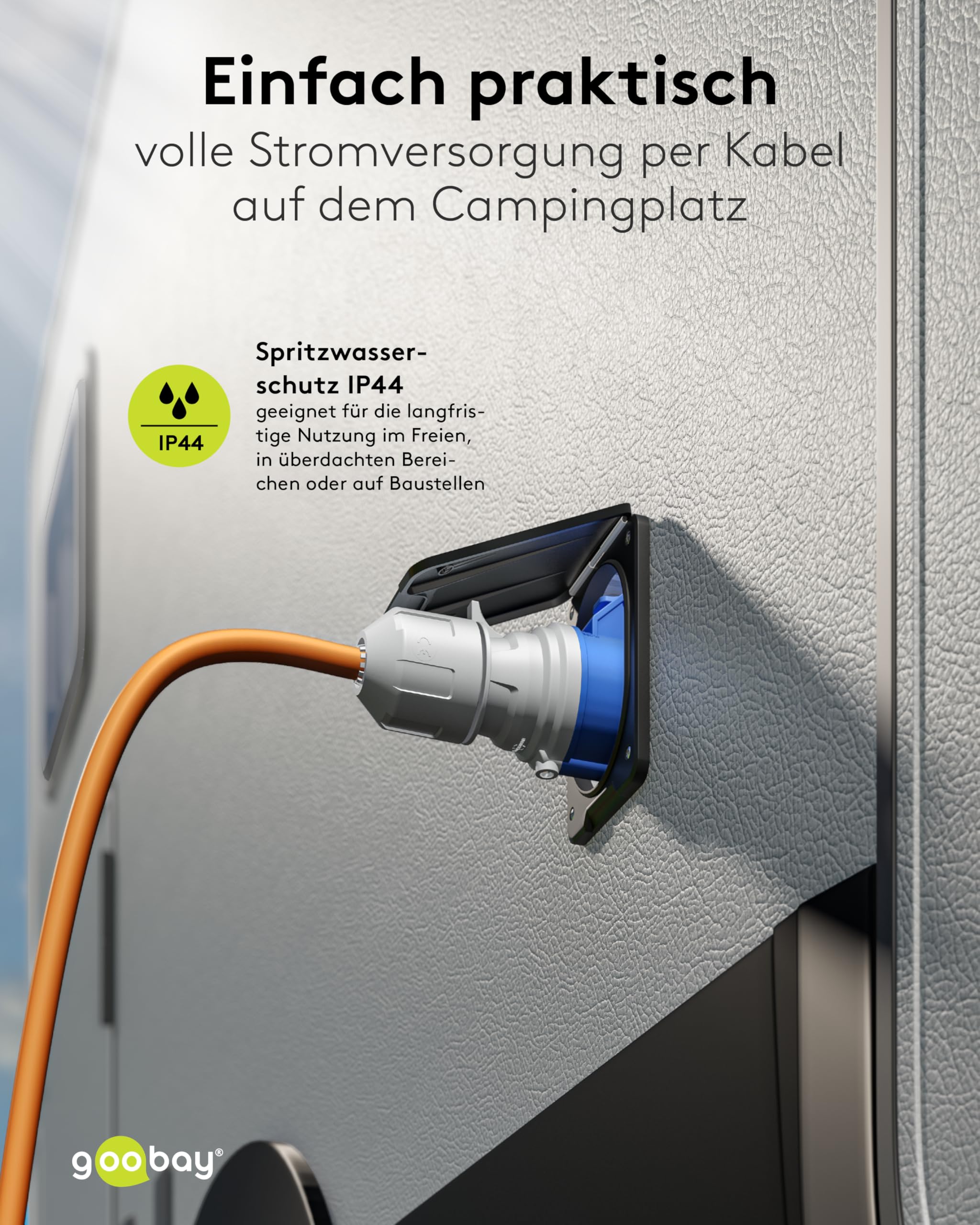 goobay CEE-Verlängerungskabel für Wohnwagen, 25m, CEE-Stecker auf CEE-Buchse mit Verschlusskappe, IP44, Kabel für Camping, Wohnmobil und Wohnwagen, 76230