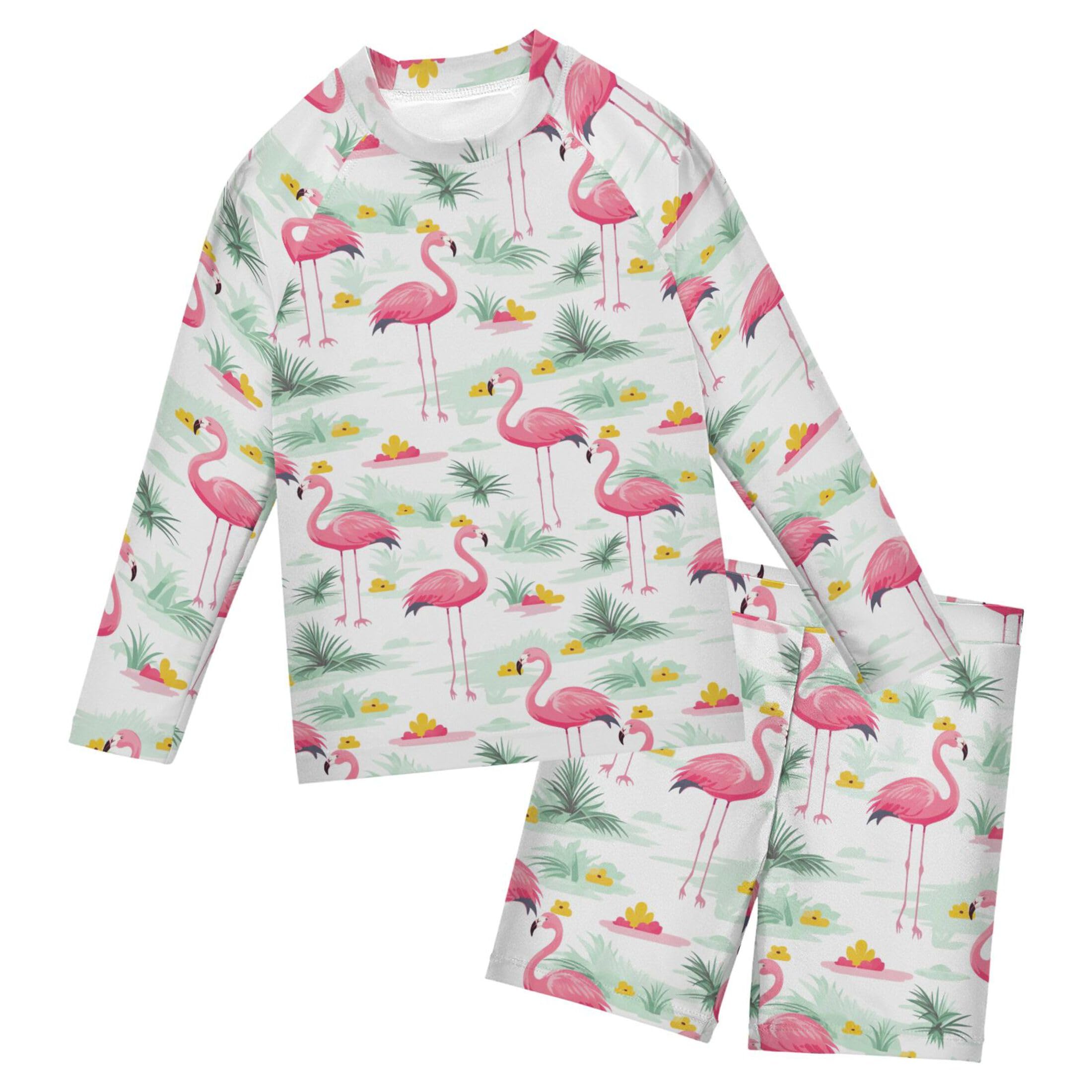 Flamingo Pink Summer Boys Rash Guard Swimsuits Set for Boys Long Sleeve Swim Shirts Bathing Suits B0402737