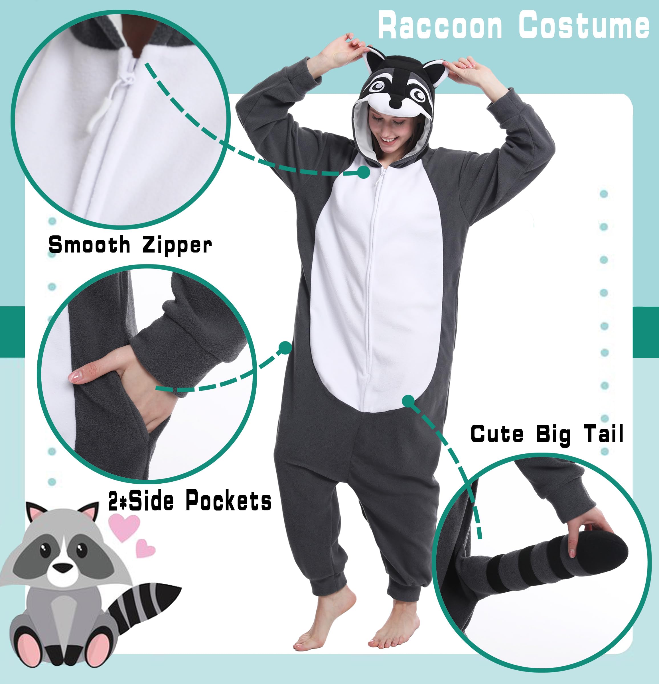 dressfan Disfraz unisex de mapache gris para adultos, disfraz de Halloween, pijama con capucha para mujeres y hombres