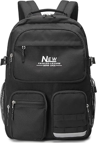 Mochila grande universitaria para adolescentes, hombres y mujeres, múltiples bolsillos, resistente al agua, casual, mochila para viajes, Negro -,