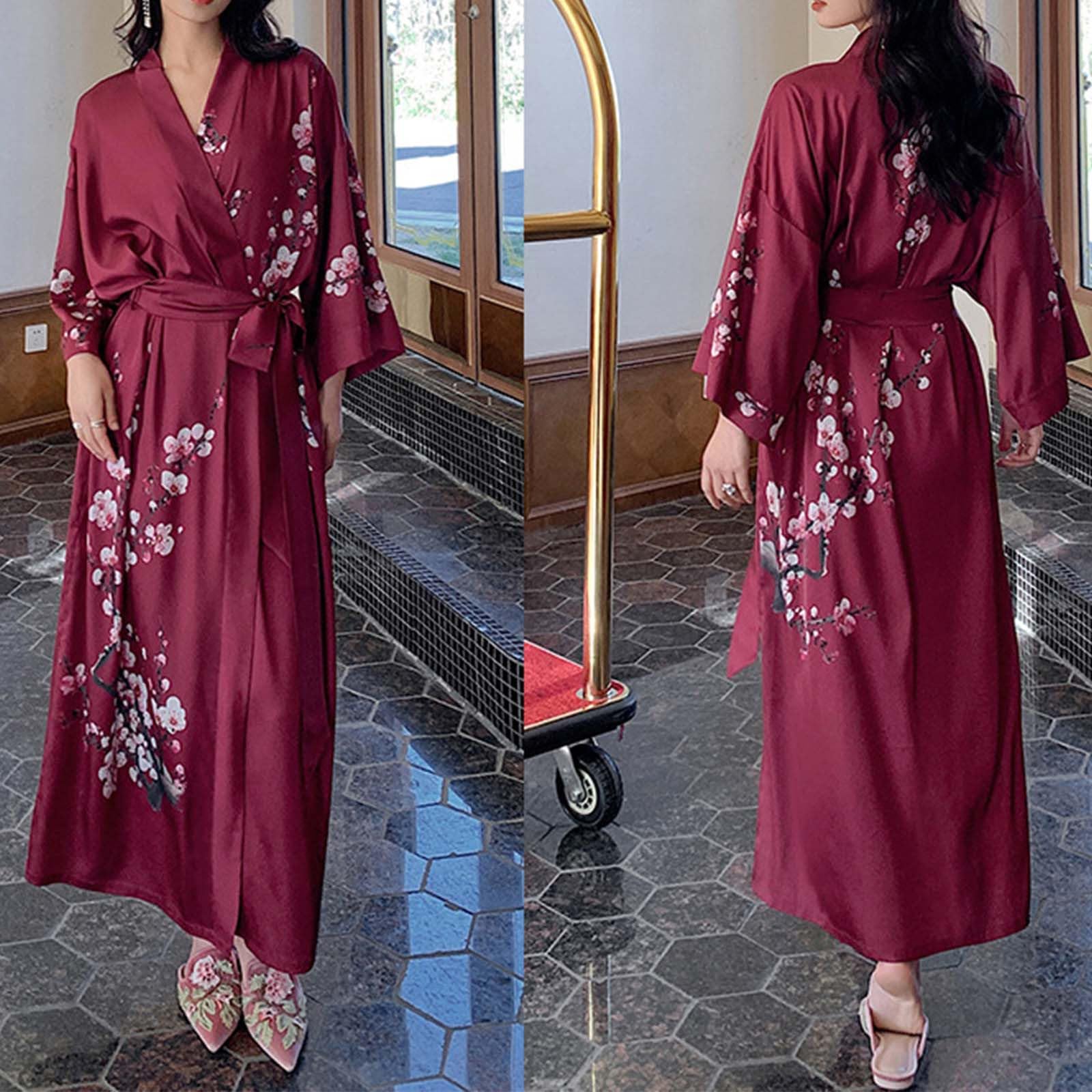Generisch Kimono de luxe en satin à motif floral pour femme - Peignoir élégant - Vêtements de nuit à manches 3/4 - Robe de nuit confortable
