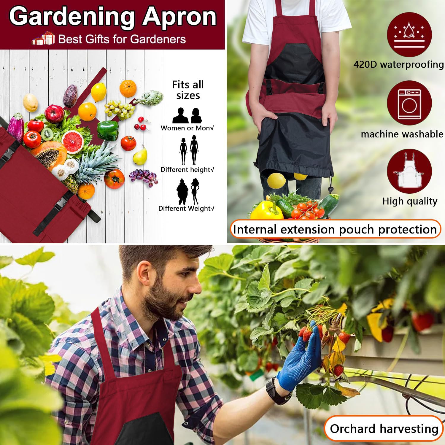 Delantal de jardinería, delantal de cosecha, regalos de jardinería para hombres, delantal de jardinería con bolsillos para mujer, color rojo, Rojo -, Red
