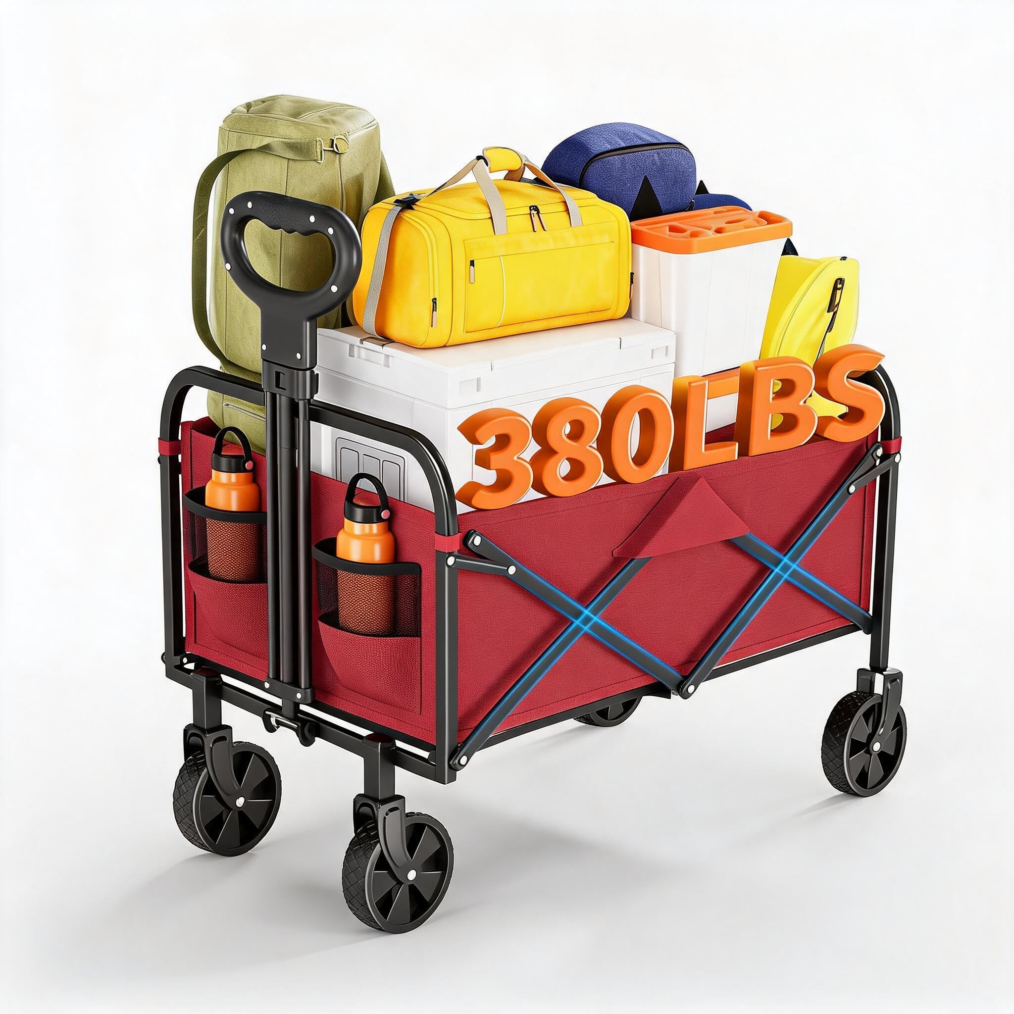 Aptliton Red11 220L Foldable Wagon, Heavy Duty Camping Trolley, Festival Trolley On Wheels