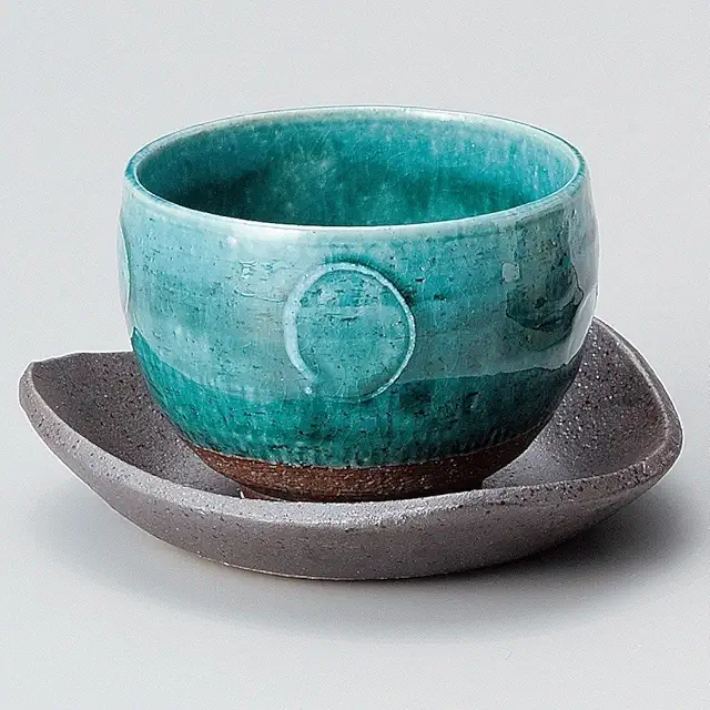 Japanese Mino-yaki Ceramic Matcha Tea Bowl with Saucer, Turquoise Kimura 220cc