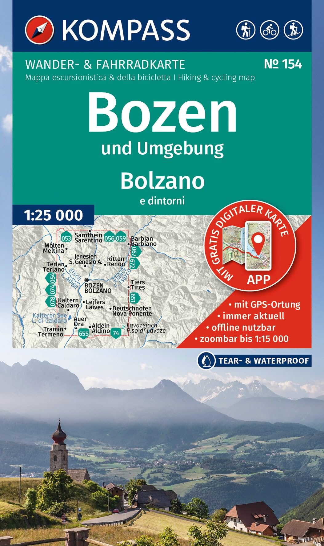 Bozen u. U. 25T WK 154: Hiking and cycling map in one – including offline use in the KOMPASS app