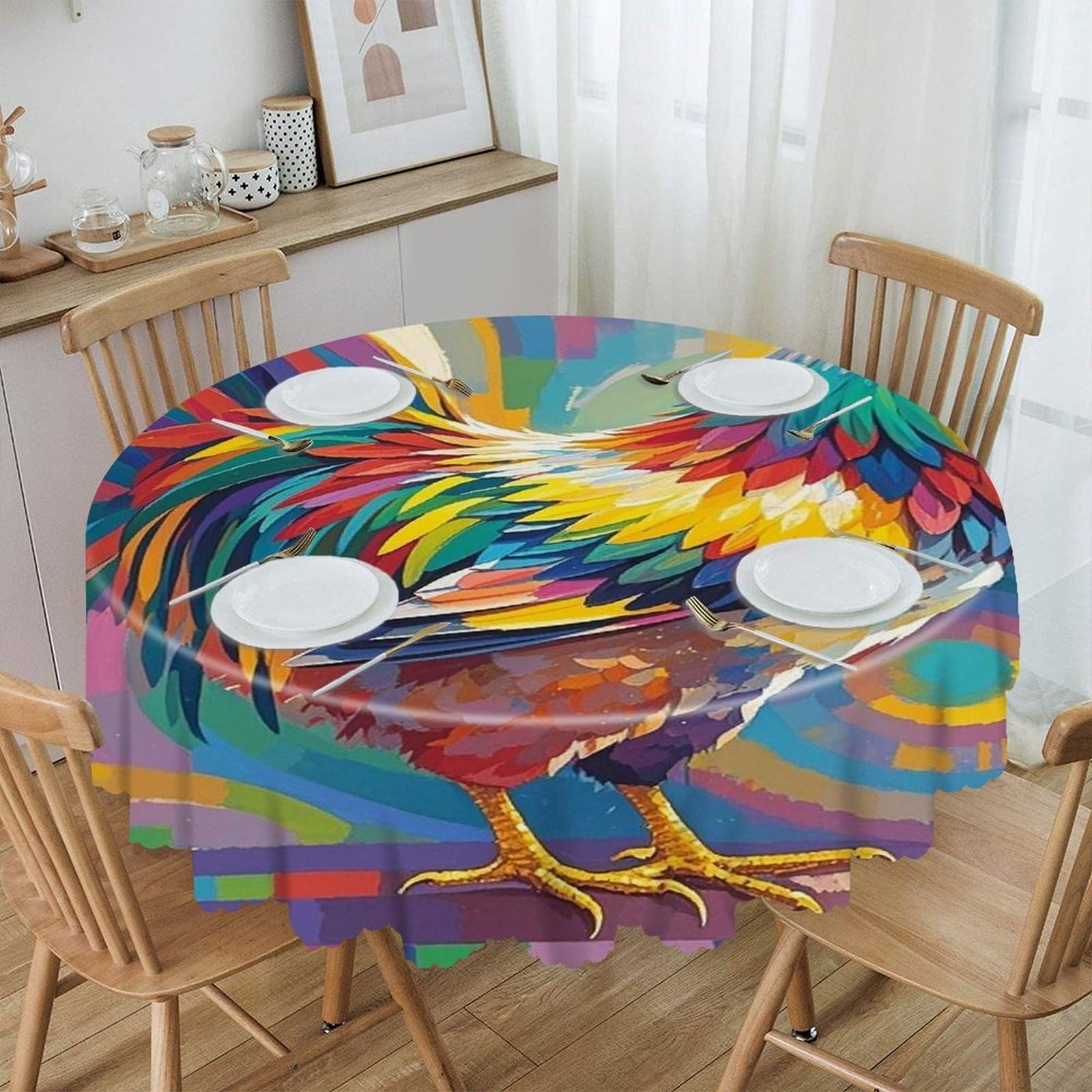 FekiLoot Art Chicken Round Tablecloths 60 Inch Resistant Washable Polyester Table Cloth Style Decorative Circle Fabric Table Cover for Dining Kitchen Party Farmhouse Outdoor