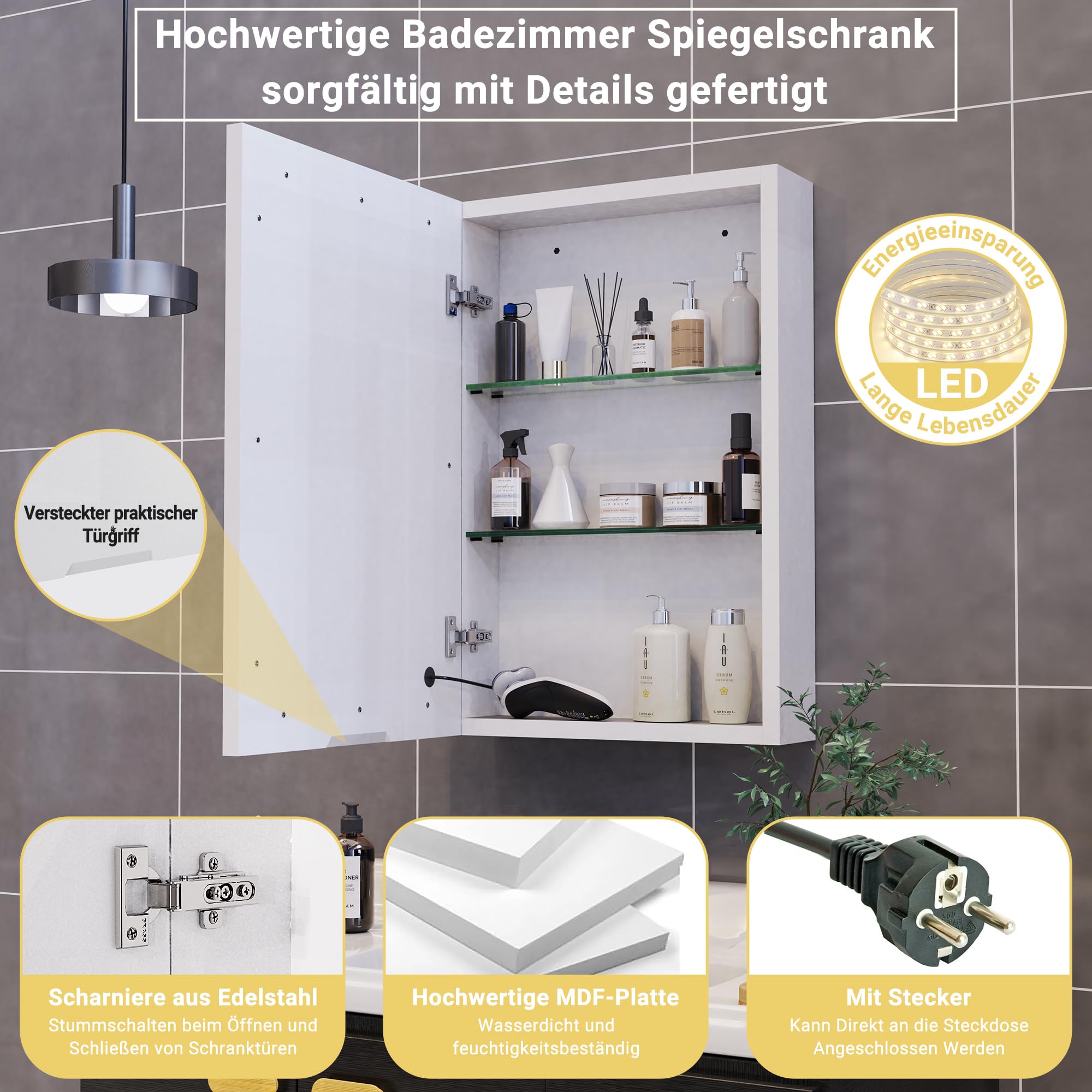 Szafka łazienkowa z lustrem i półką, z oświetleniem LED, 50 x 70 cm, 3 temperatury barwowe z możliwością ściemniania, przełącznik czujnika (biała, 50 x 70 cm)
